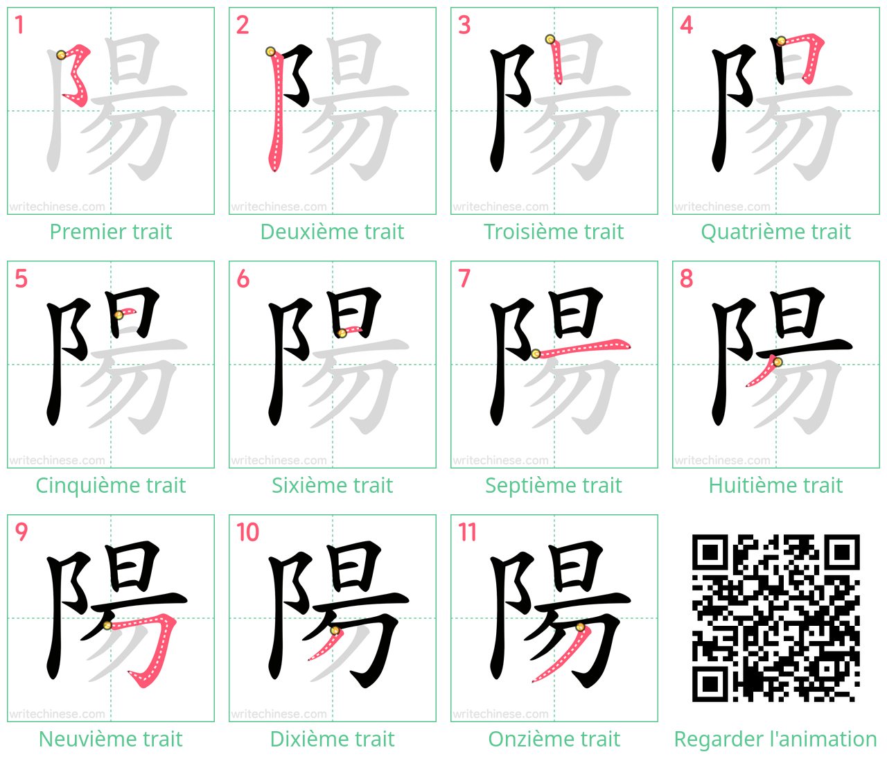 Diagrammes d'ordre des traits étape par étape pour le caractère 陽