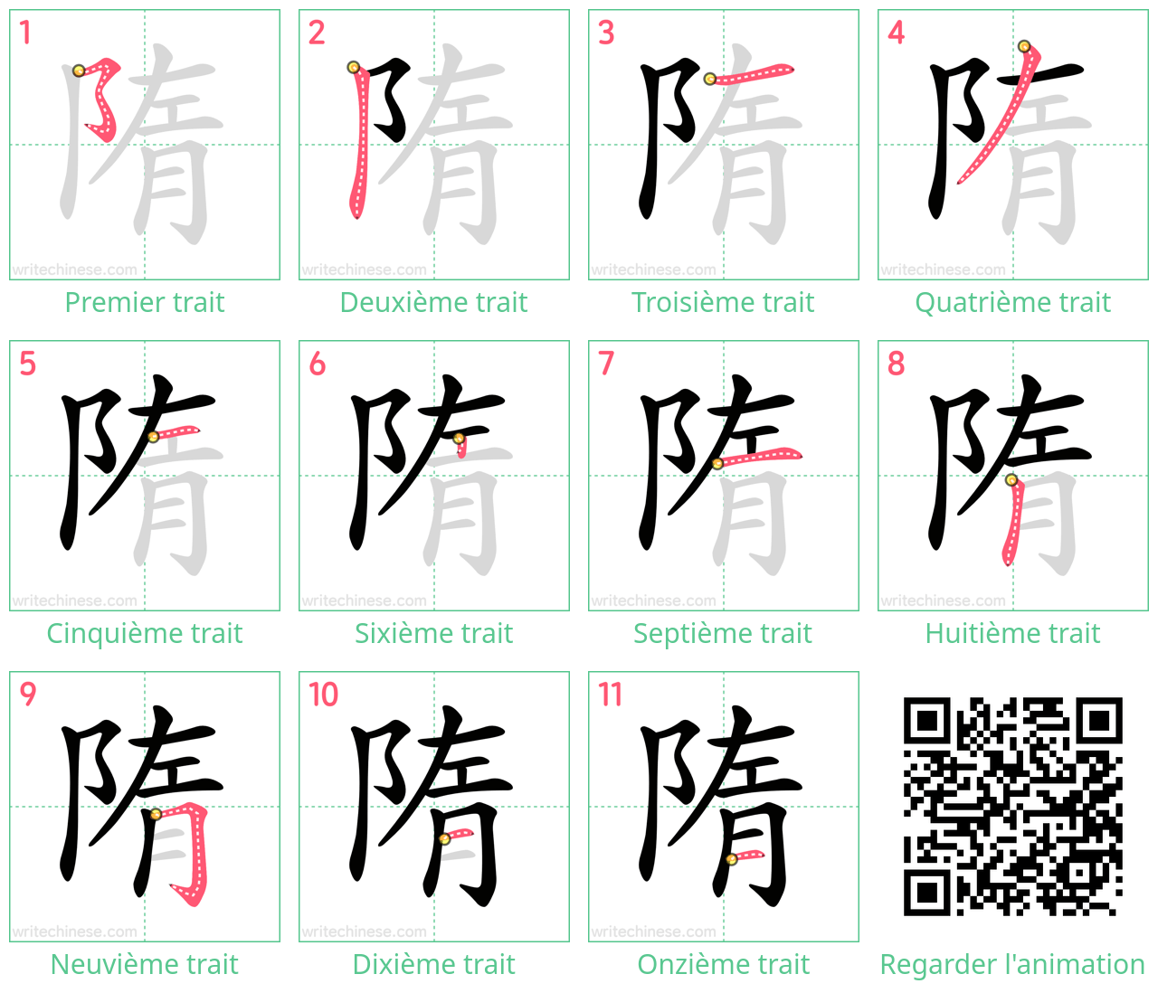 Diagrammes d'ordre des traits étape par étape pour le caractère 隋