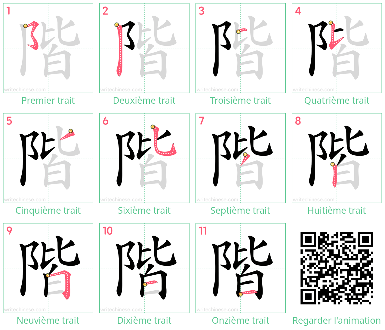 Diagrammes d'ordre des traits étape par étape pour le caractère 階