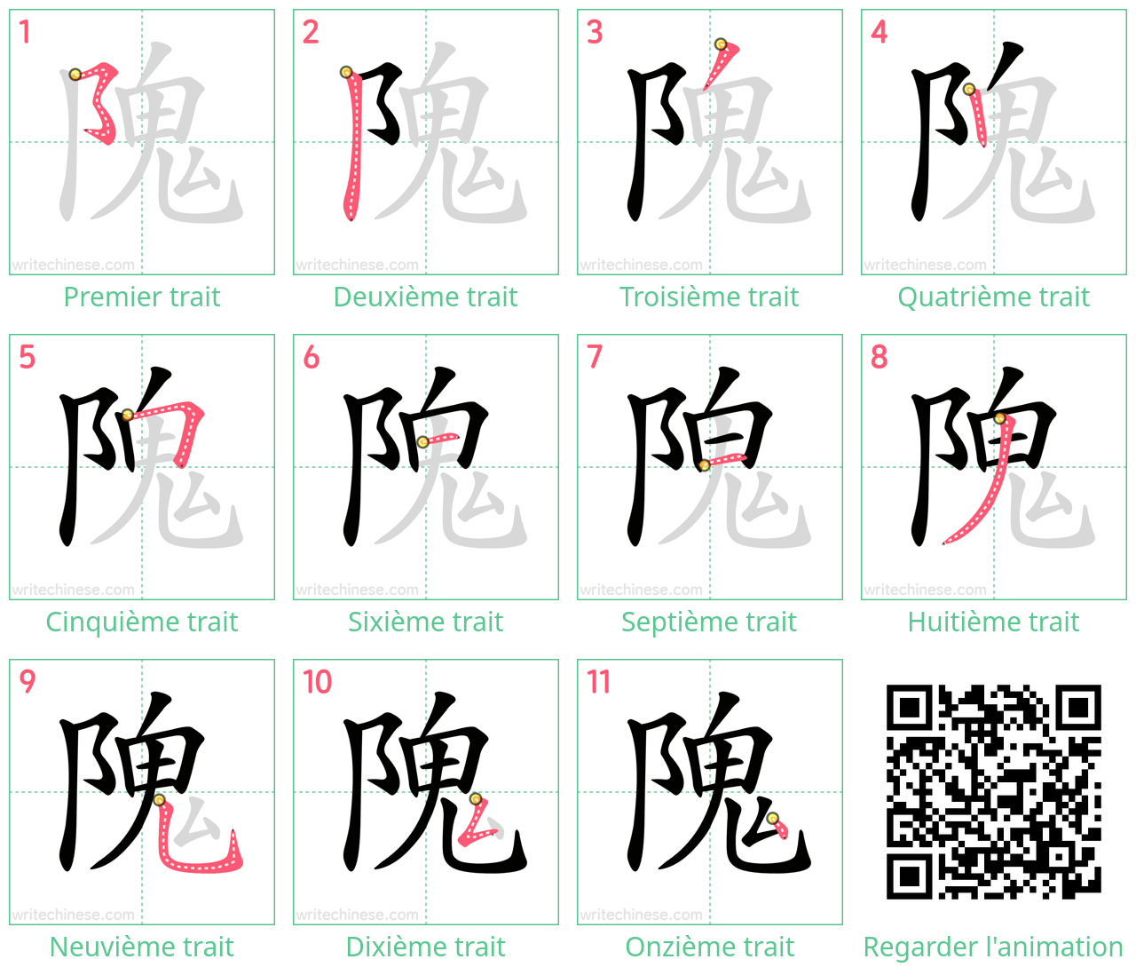 Diagrammes d'ordre des traits étape par étape pour le caractère 隗