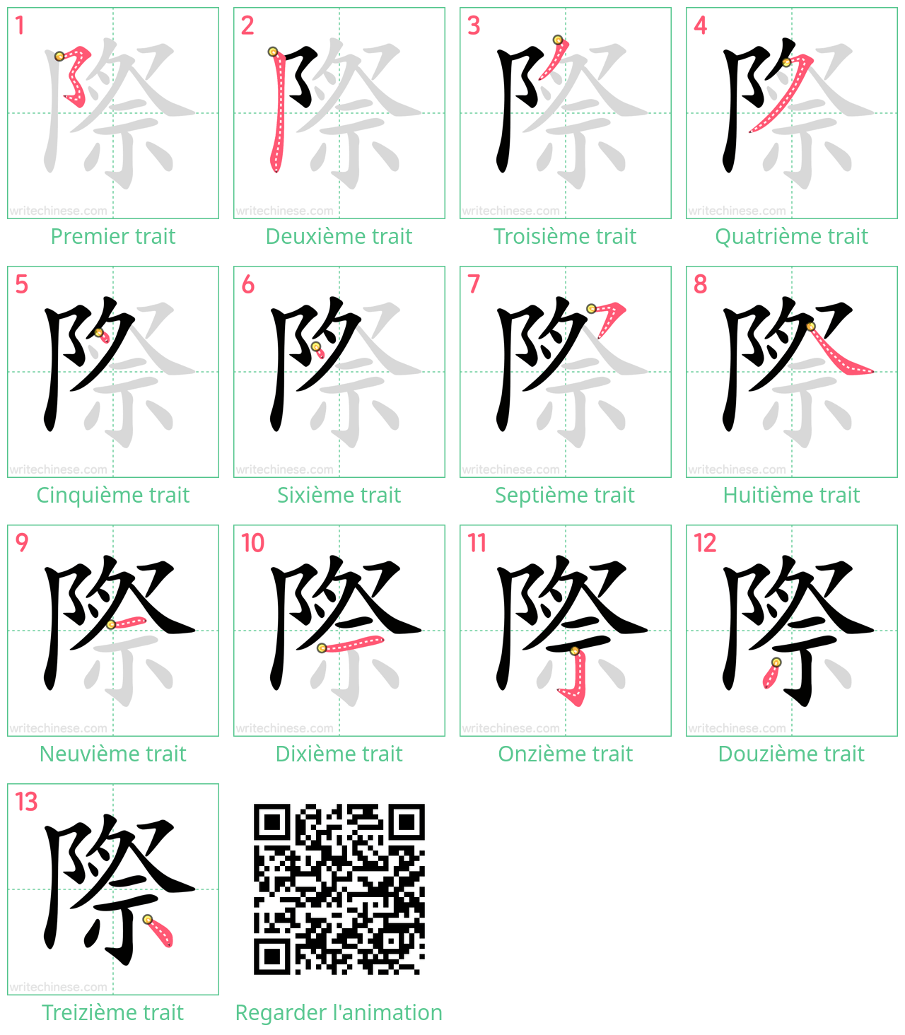 Diagrammes d'ordre des traits étape par étape pour le caractère 際