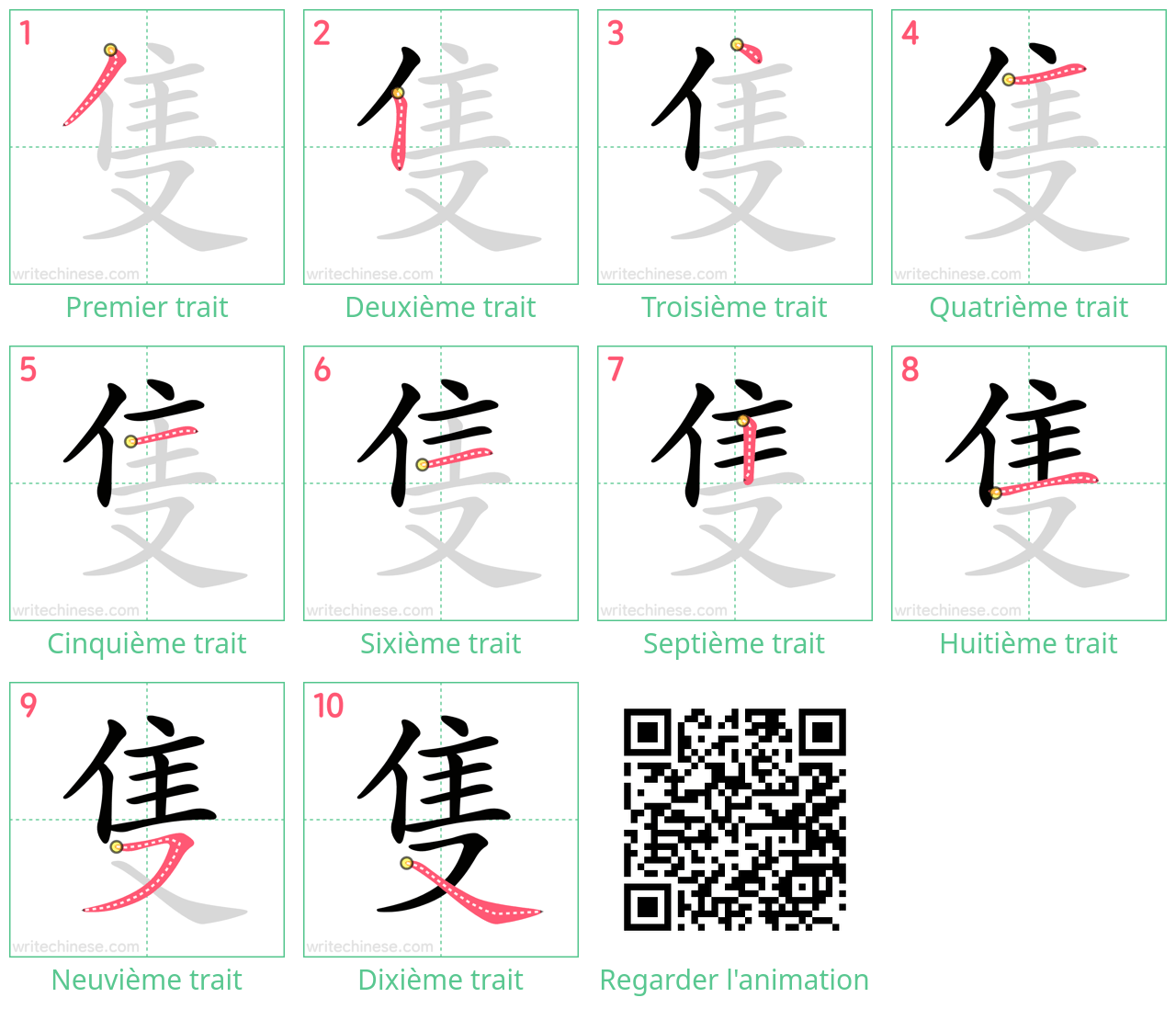 Diagrammes d'ordre des traits étape par étape pour le caractère 隻