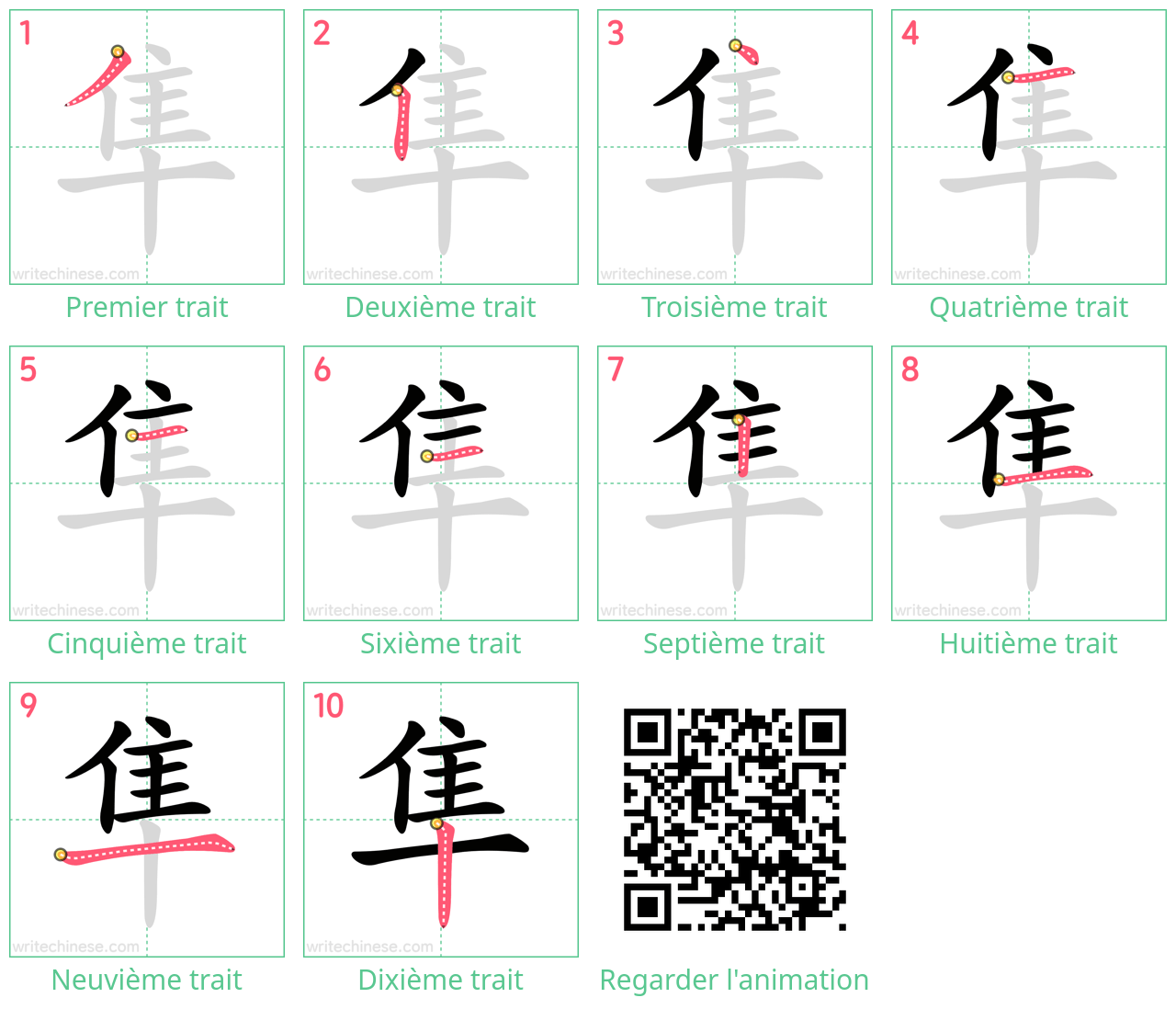 Diagrammes d'ordre des traits étape par étape pour le caractère 隼