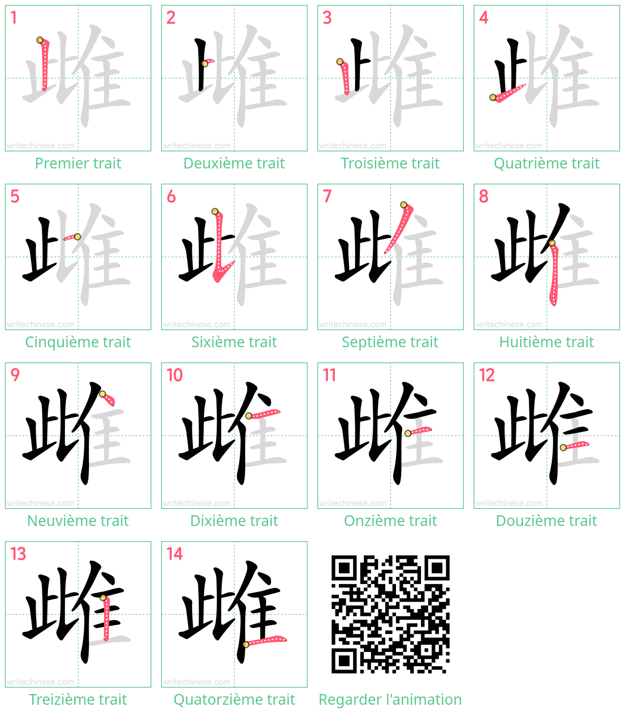 Diagrammes d'ordre des traits étape par étape pour le caractère 雌