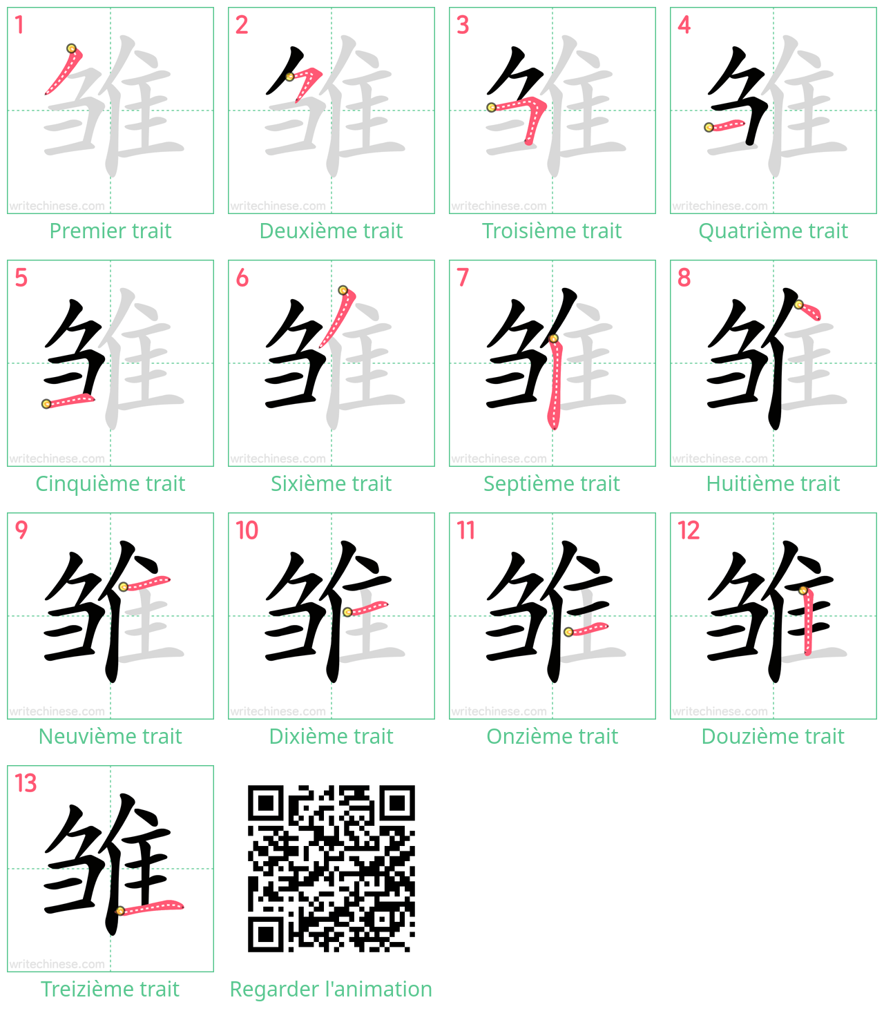 Diagrammes d'ordre des traits étape par étape pour le caractère 雏