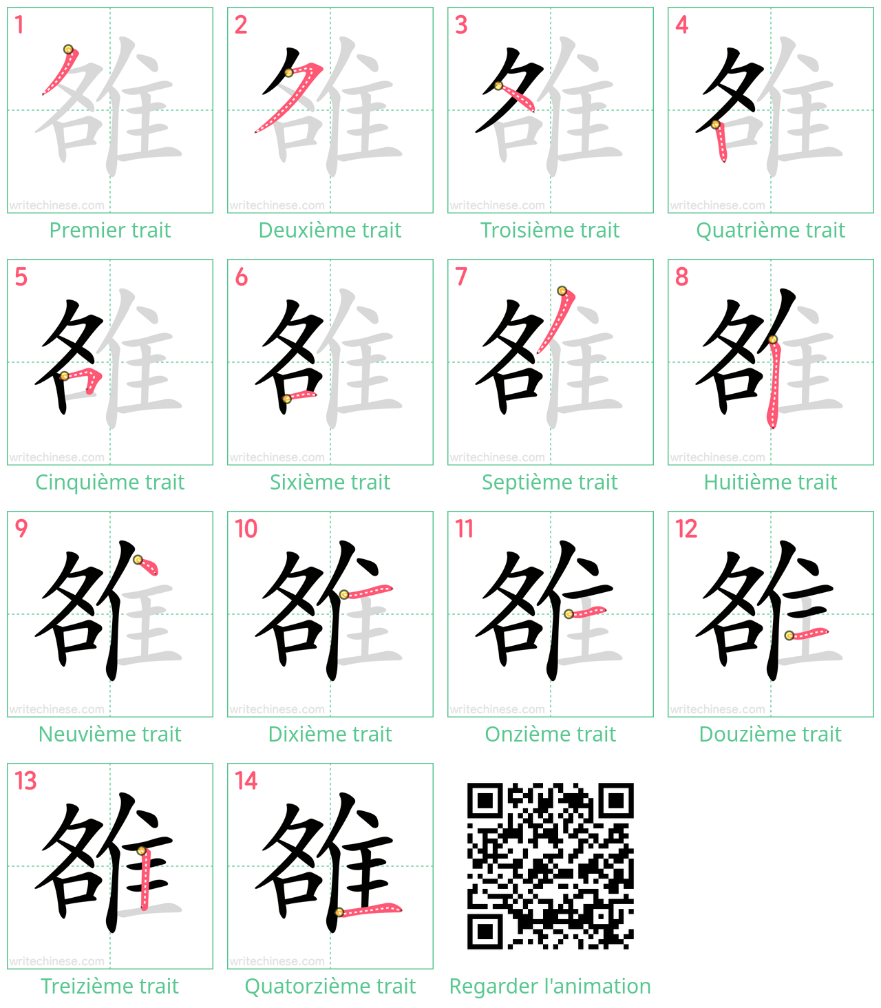 Diagrammes d'ordre des traits étape par étape pour le caractère 雒