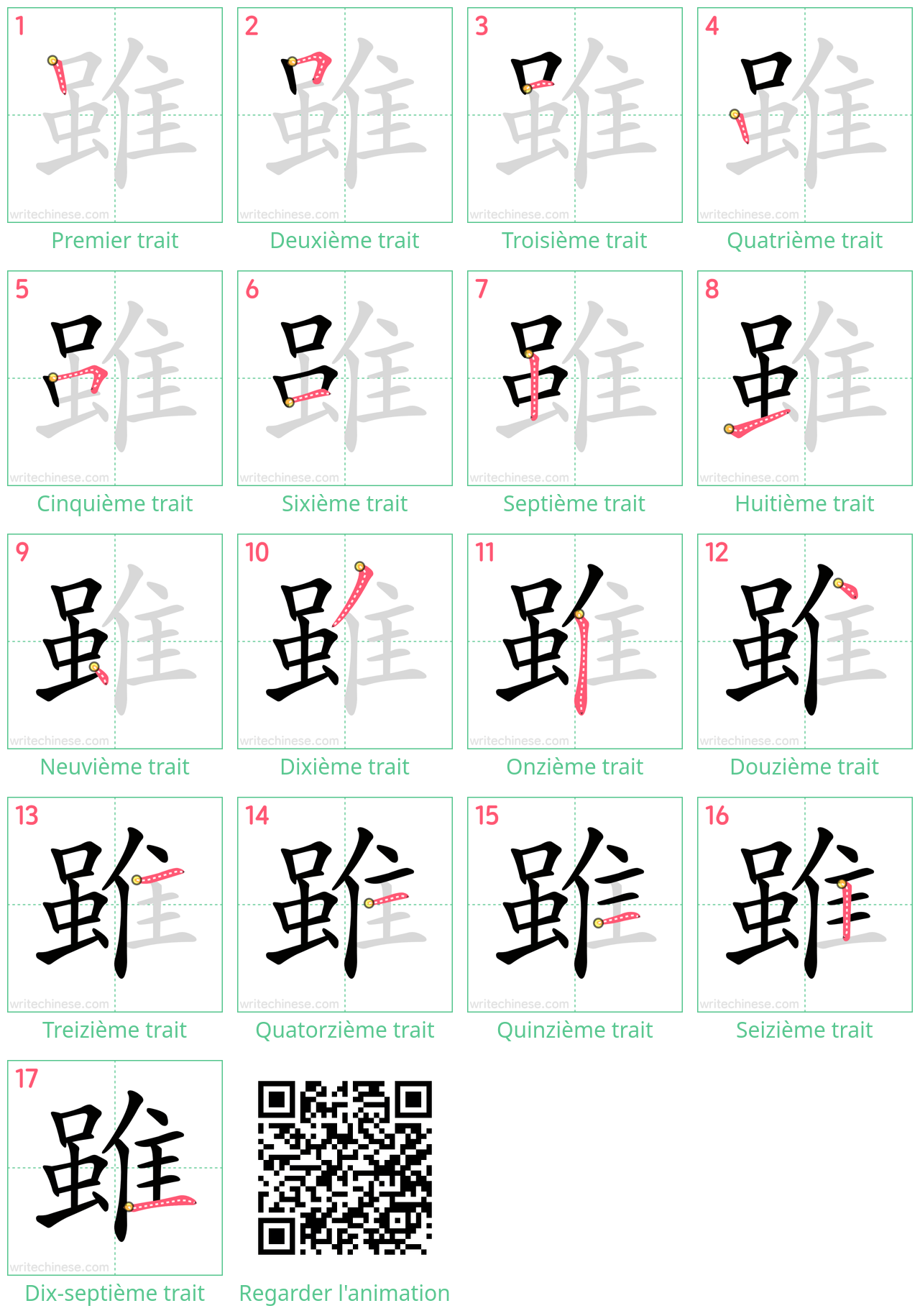 Diagrammes d'ordre des traits étape par étape pour le caractère 雖