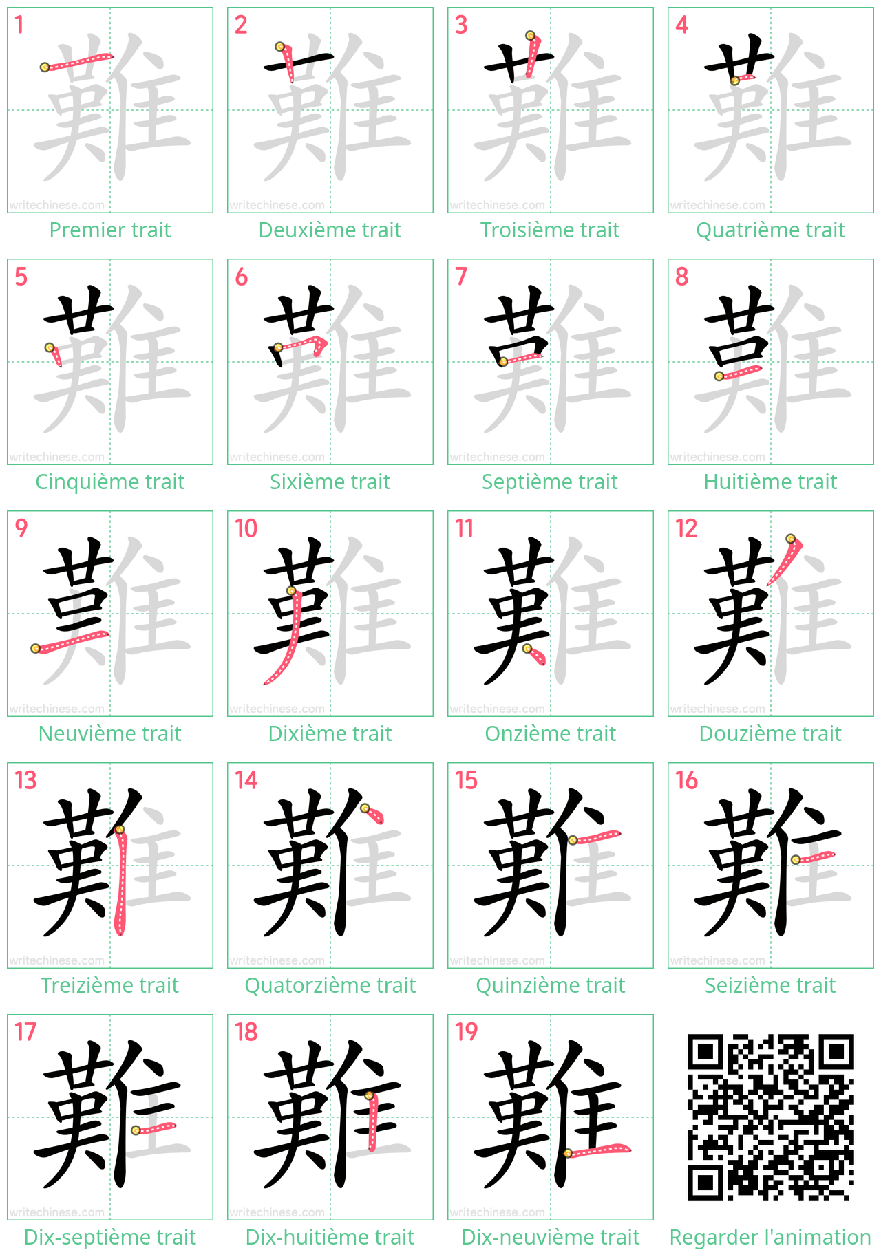 Diagrammes d'ordre des traits étape par étape pour le caractère 難