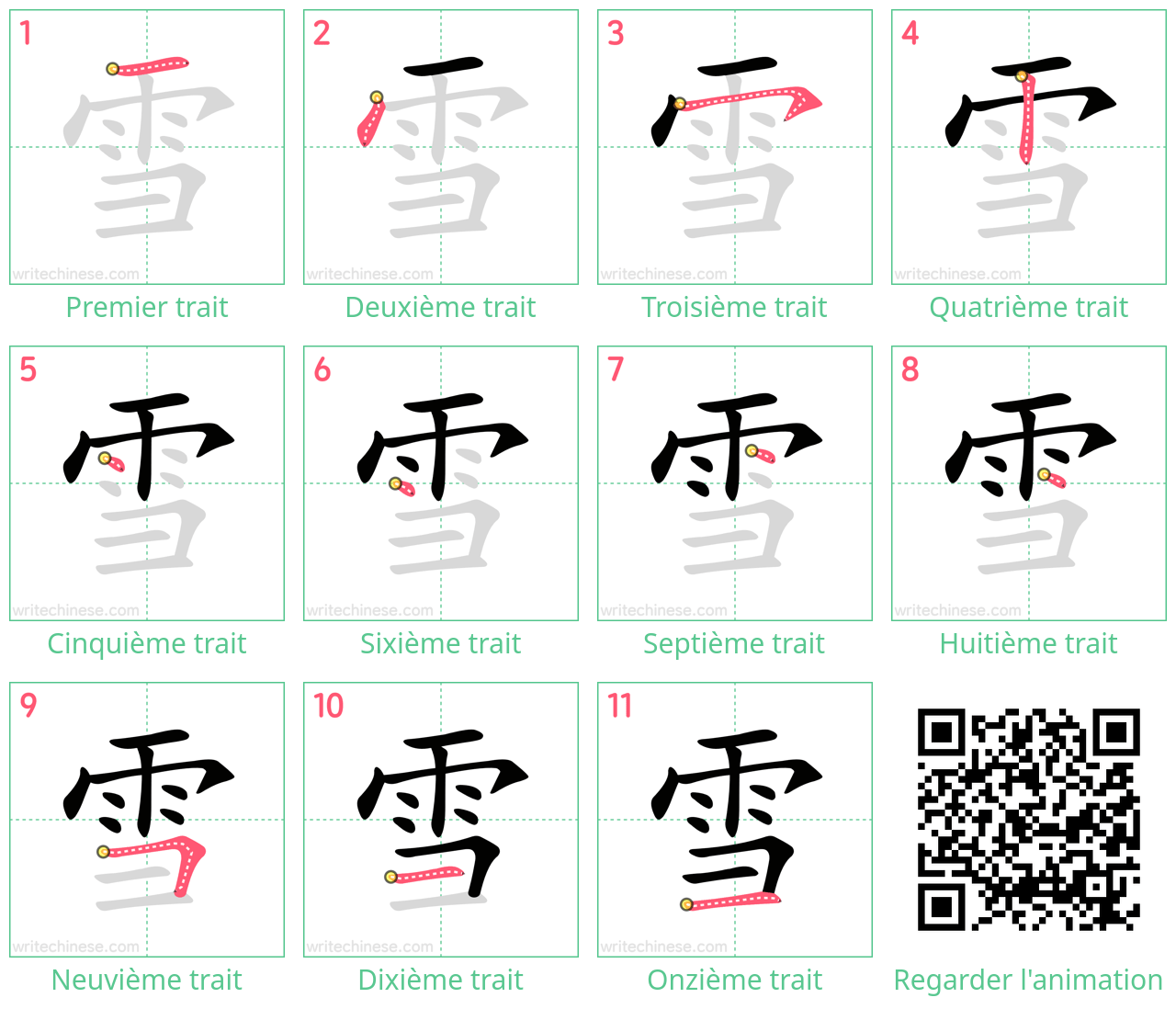 Diagrammes d'ordre des traits étape par étape pour le caractère 雪