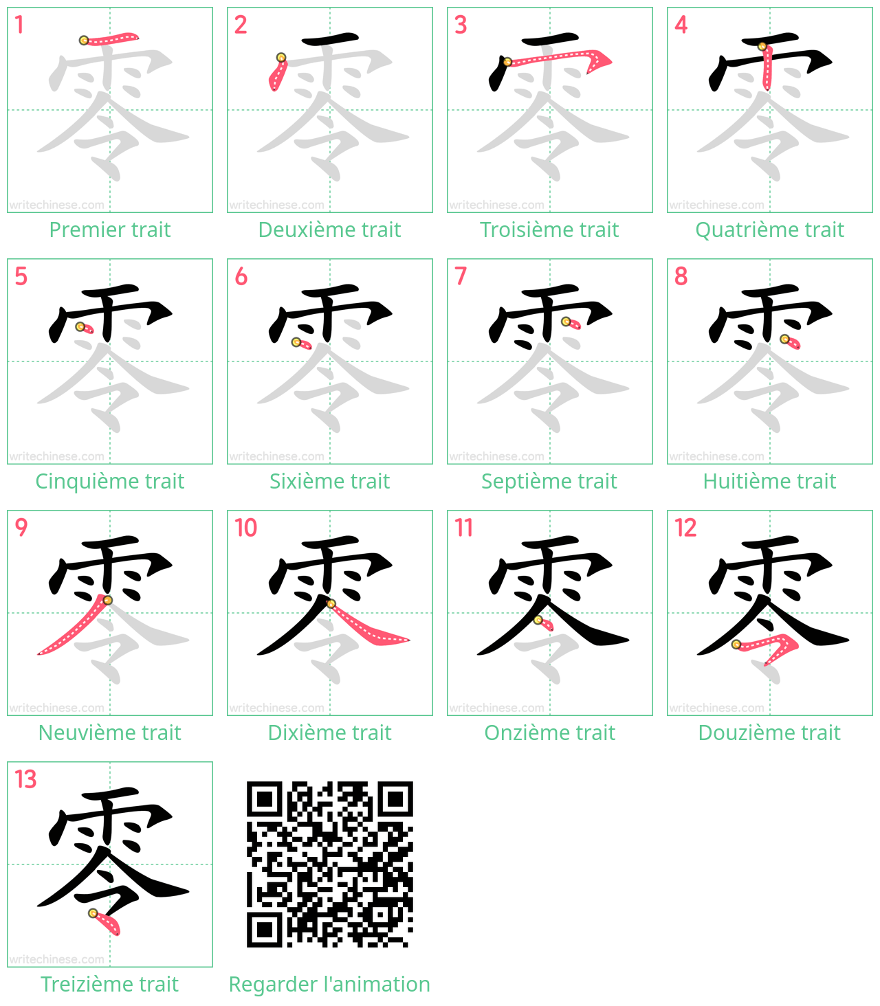 Diagrammes d'ordre des traits étape par étape pour le caractère 零