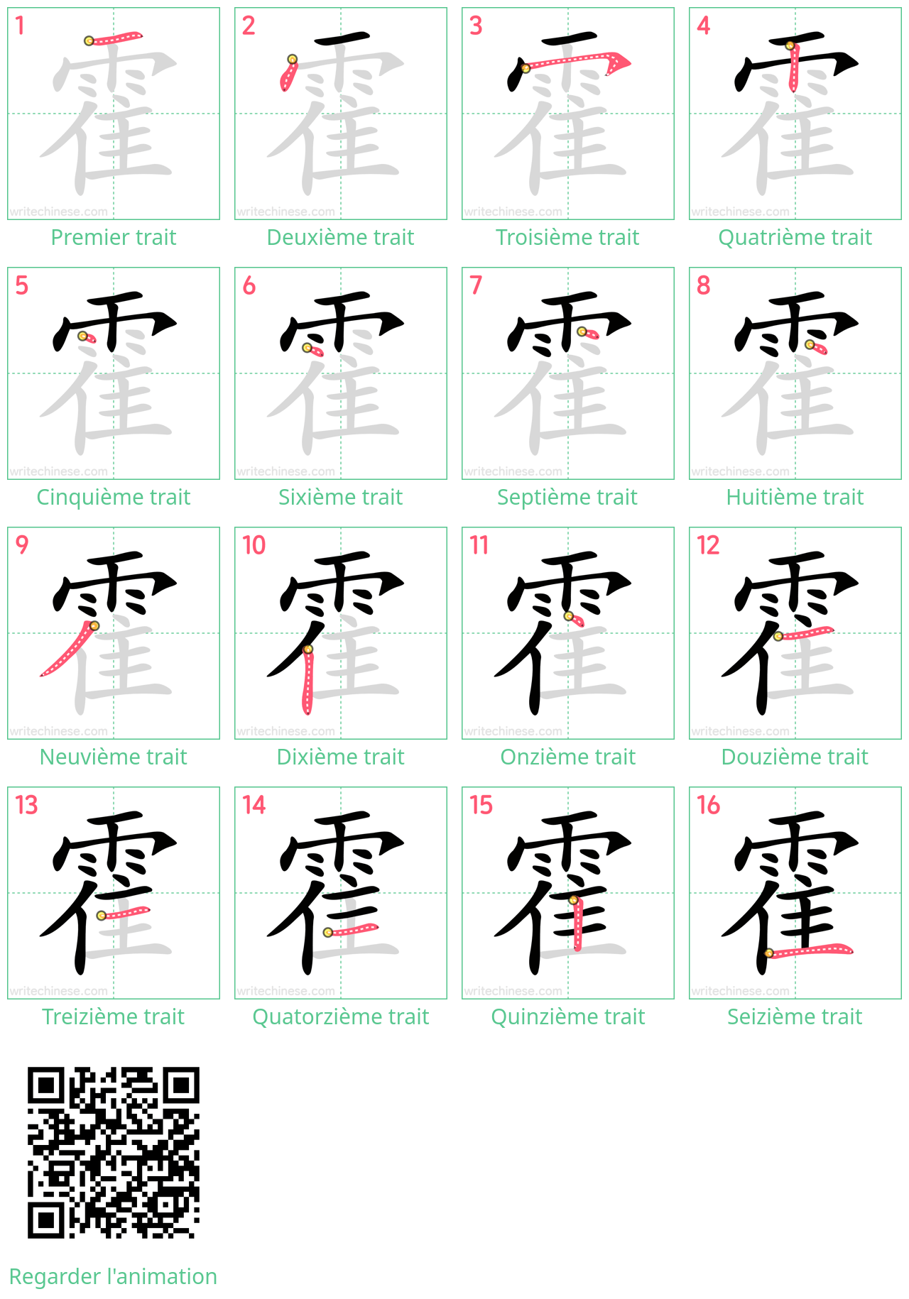Diagrammes d'ordre des traits étape par étape pour le caractère 霍