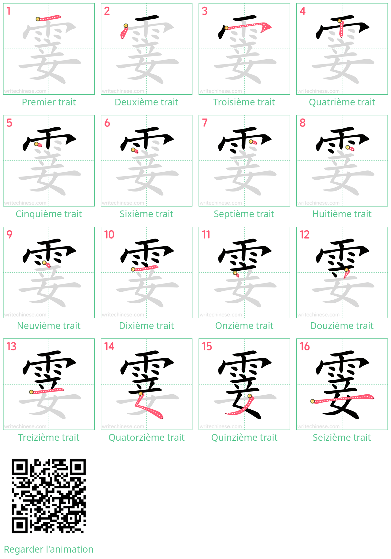 Diagrammes d'ordre des traits étape par étape pour le caractère 霎