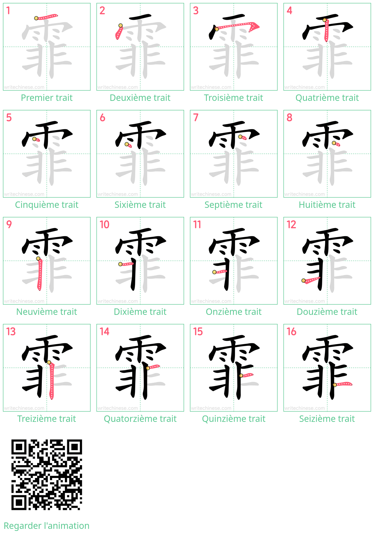 Diagrammes d'ordre des traits étape par étape pour le caractère 霏