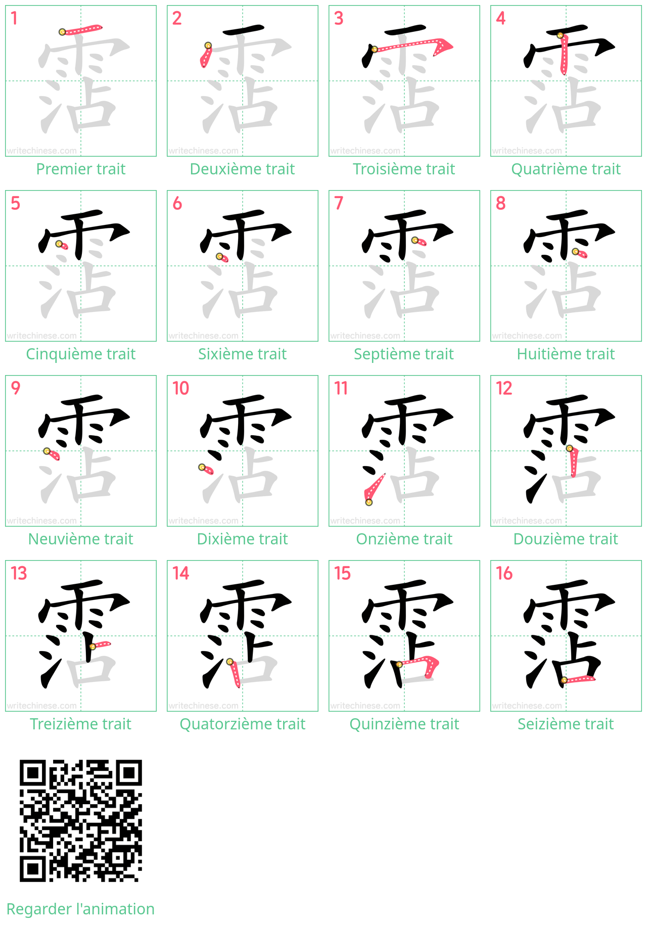 Diagrammes d'ordre des traits étape par étape pour le caractère 霑