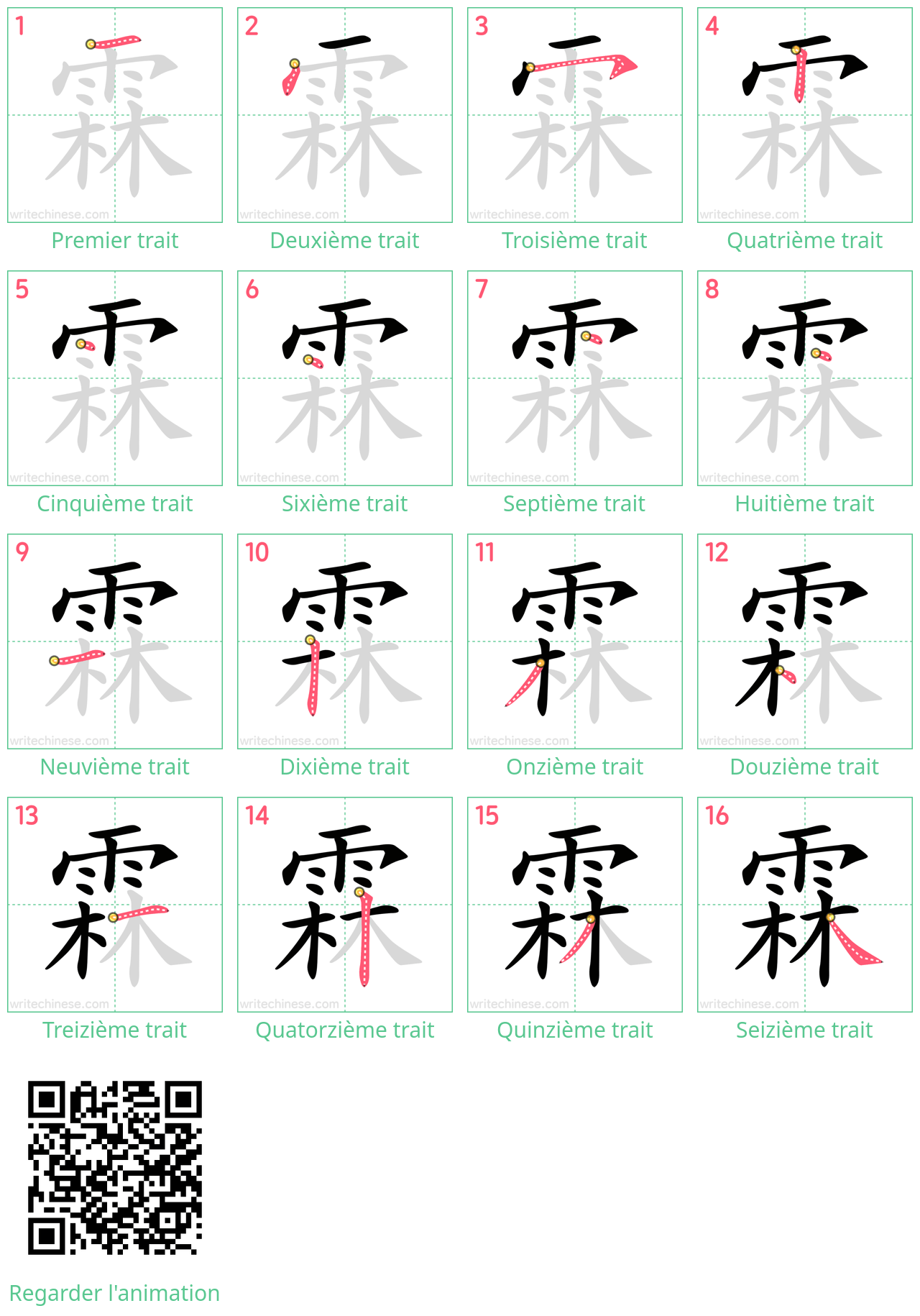 Diagrammes d'ordre des traits étape par étape pour le caractère 霖