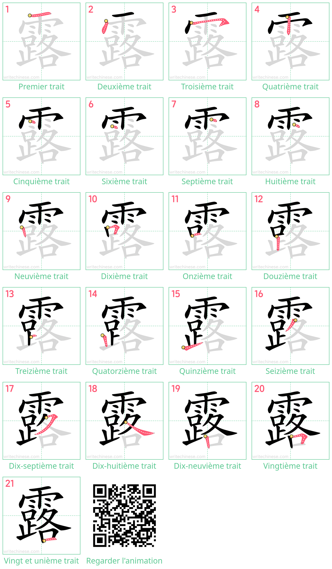 Diagrammes d'ordre des traits étape par étape pour le caractère 露