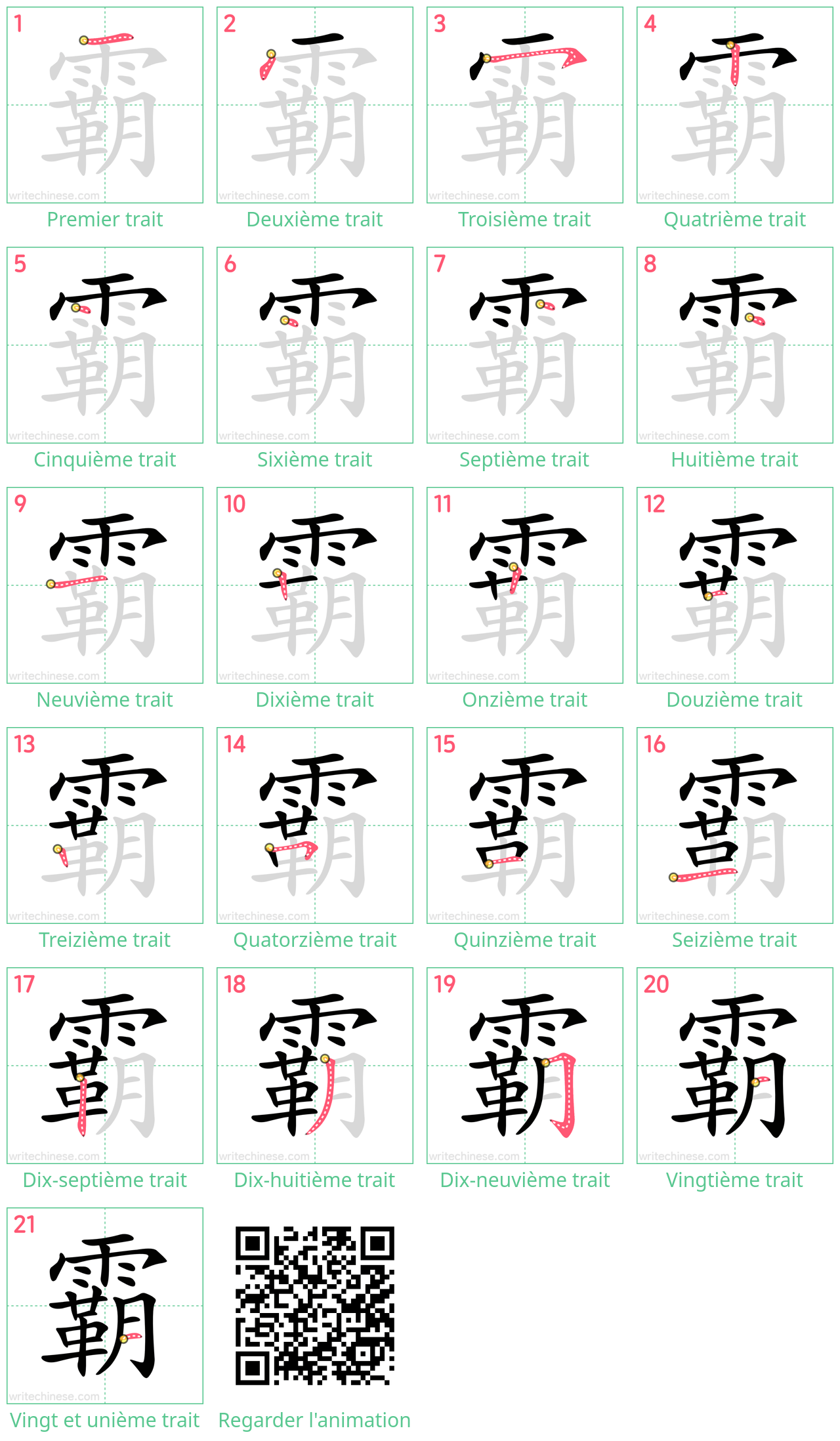 Diagrammes d'ordre des traits étape par étape pour le caractère 霸