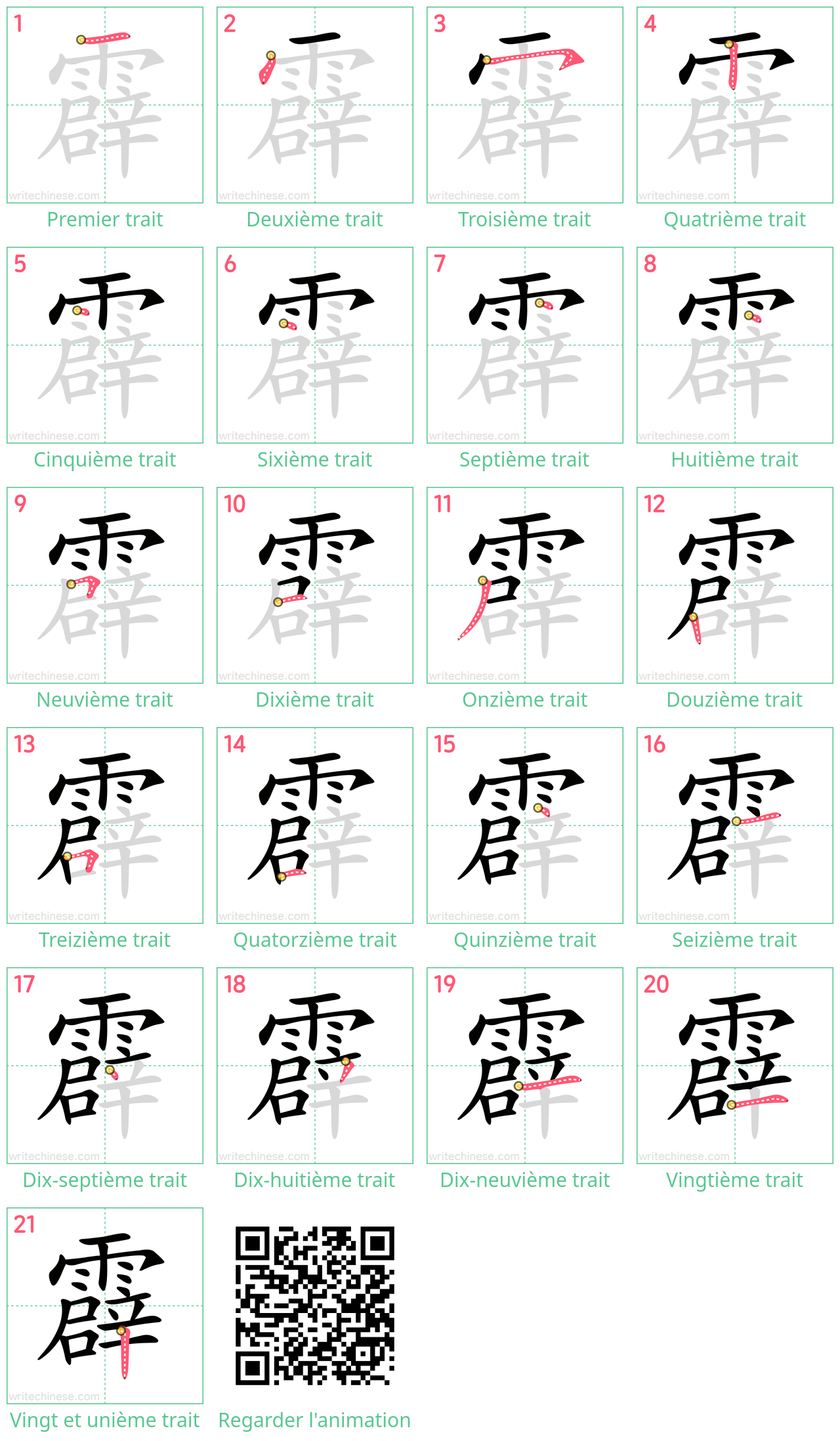 Diagrammes d'ordre des traits étape par étape pour le caractère 霹