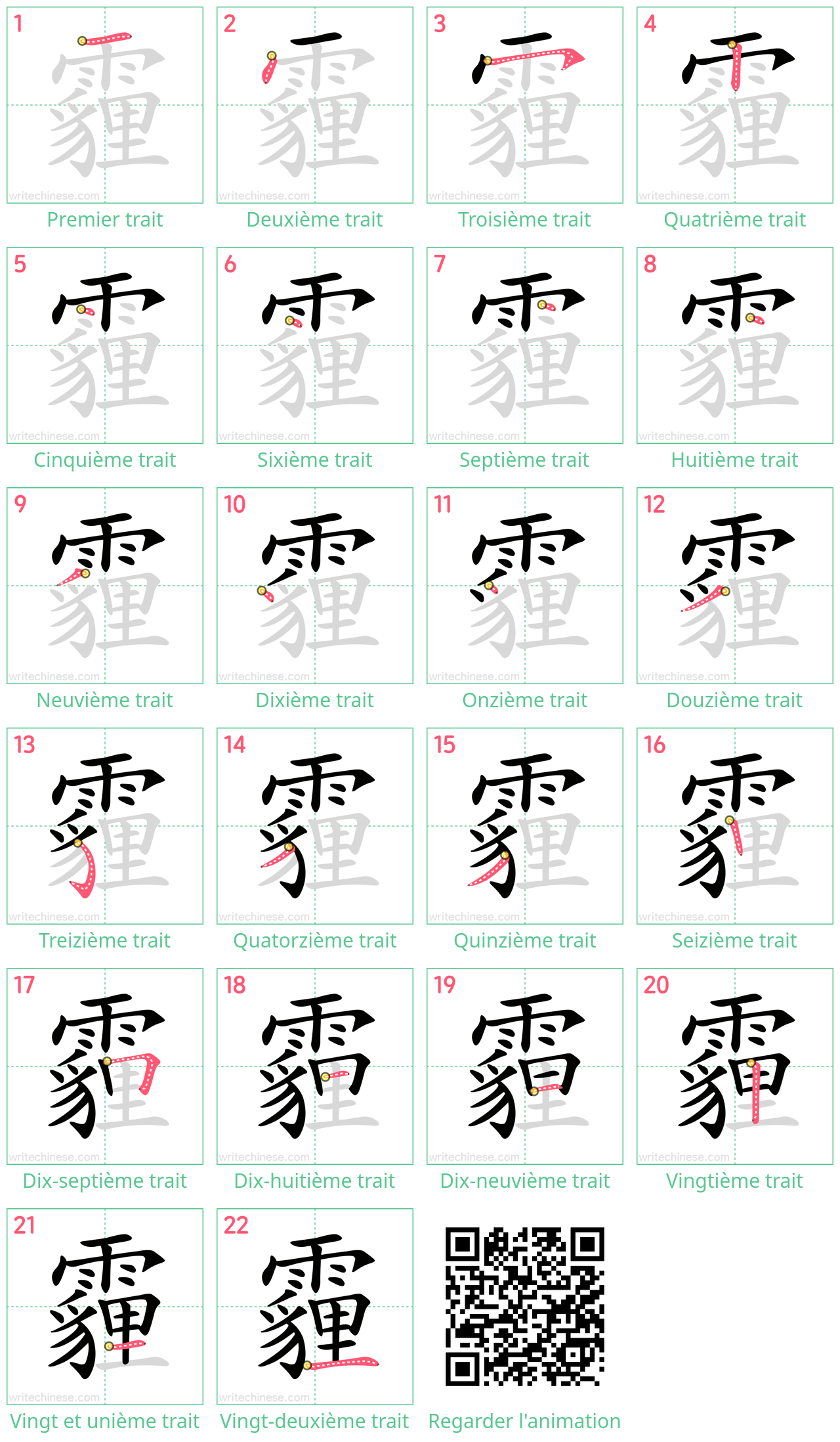 Diagrammes d'ordre des traits étape par étape pour le caractère 霾