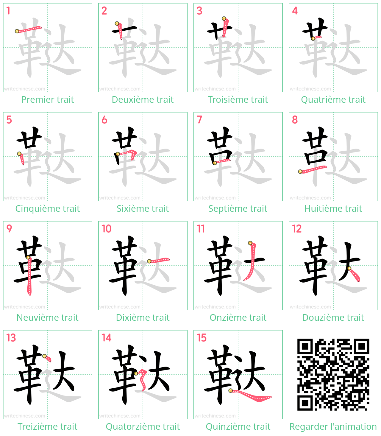 Diagrammes d'ordre des traits étape par étape pour le caractère 鞑