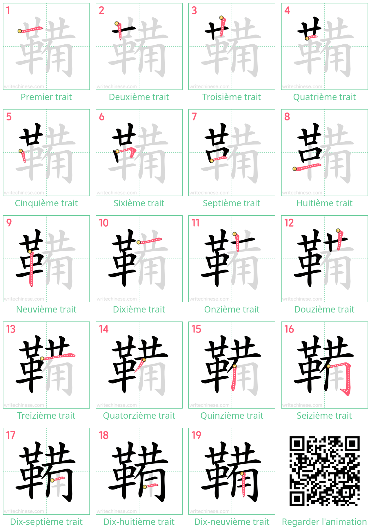 Diagrammes d'ordre des traits étape par étape pour le caractère 鞴