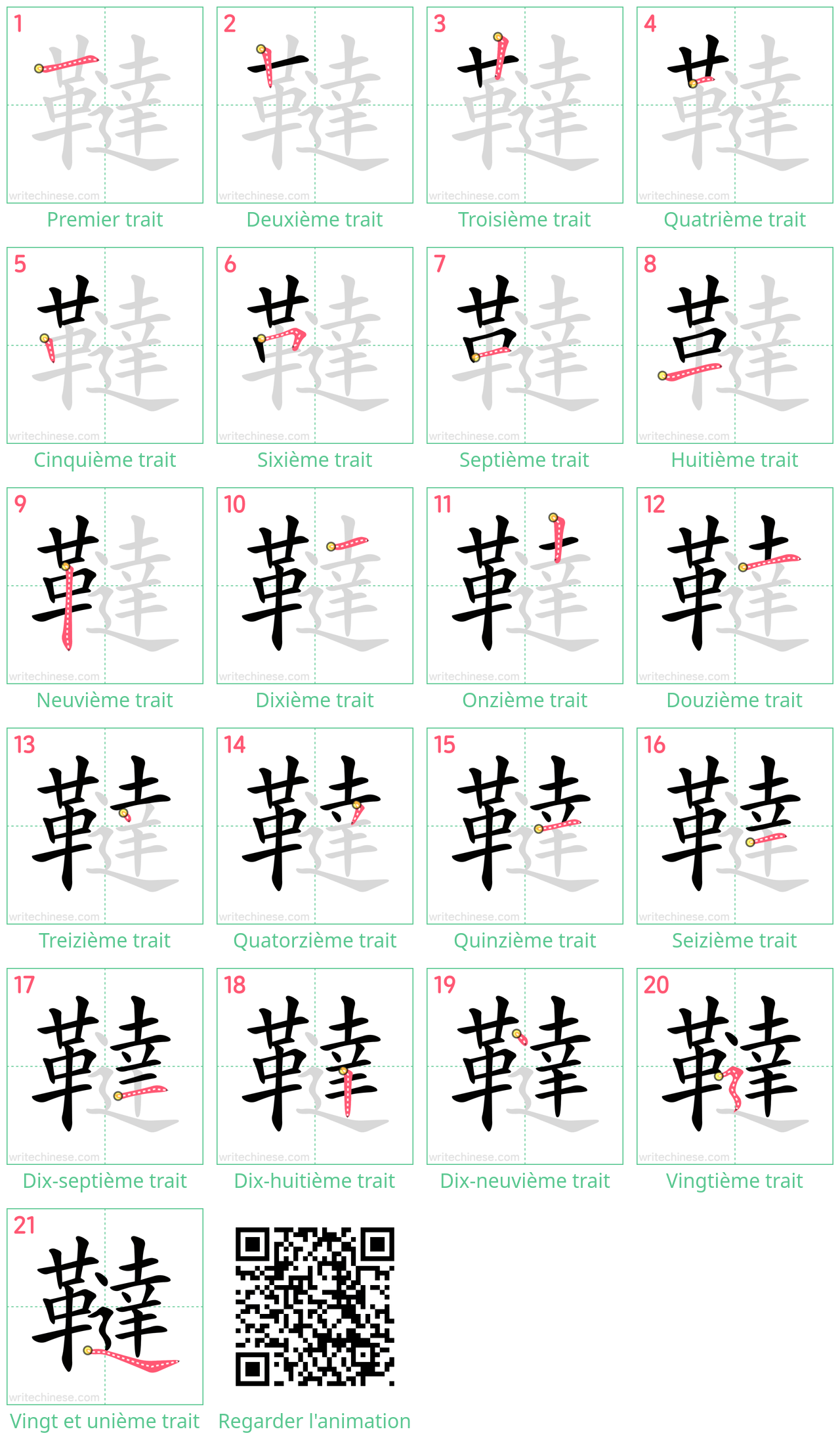 Diagrammes d'ordre des traits étape par étape pour le caractère 韃