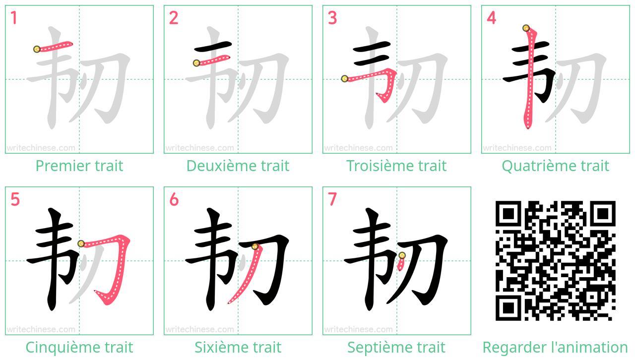 Diagrammes d'ordre des traits étape par étape pour le caractère 韧