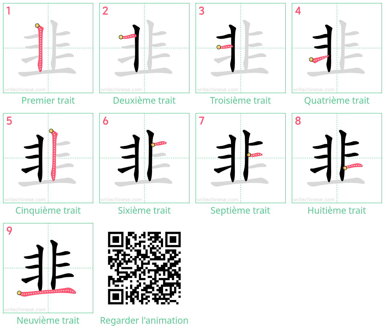 Diagrammes d'ordre des traits étape par étape pour le caractère 韭