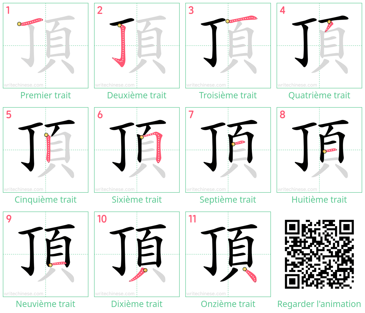 Diagrammes d'ordre des traits étape par étape pour le caractère 頂