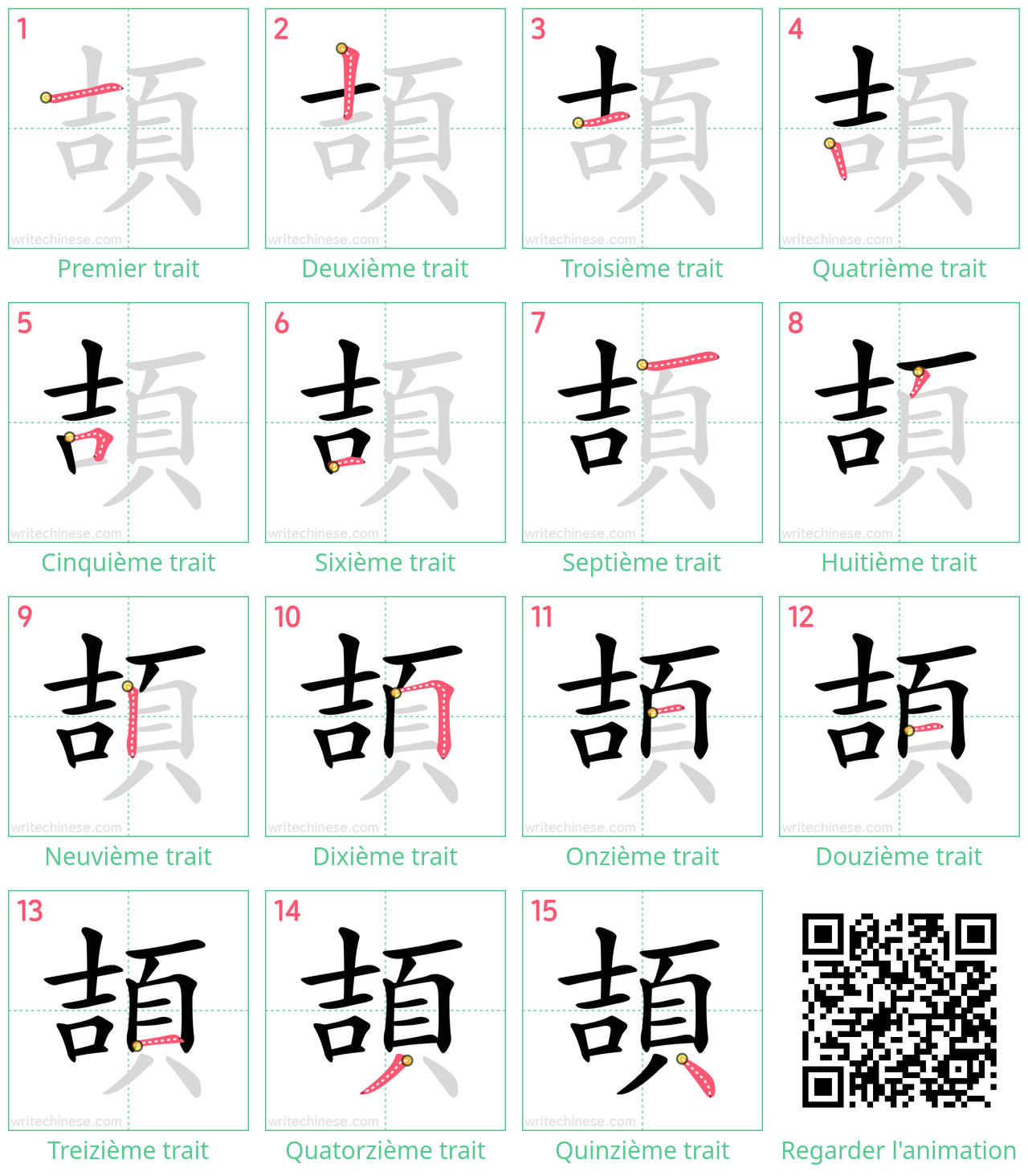 Diagrammes d'ordre des traits étape par étape pour le caractère 頡