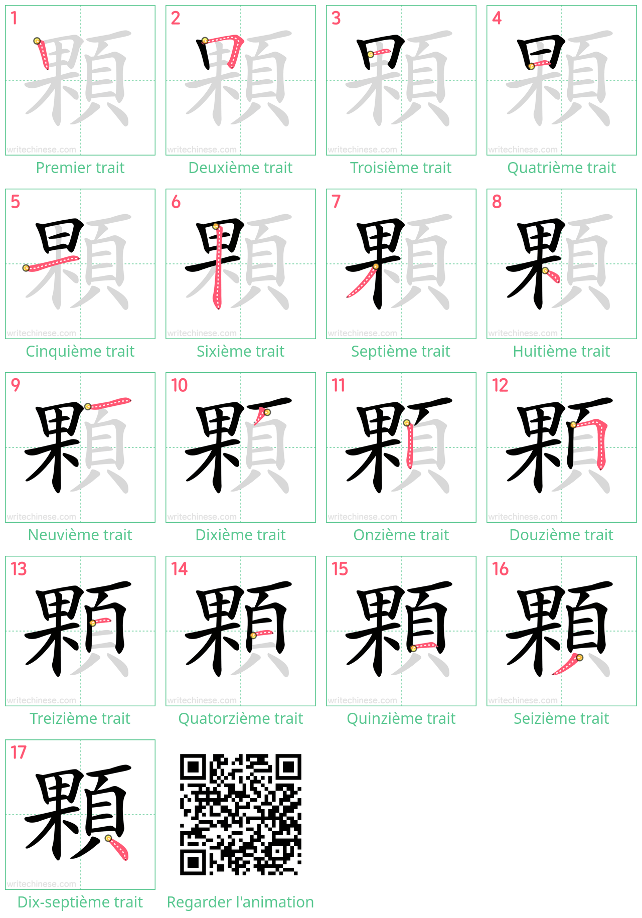 Diagrammes d'ordre des traits étape par étape pour le caractère 顆