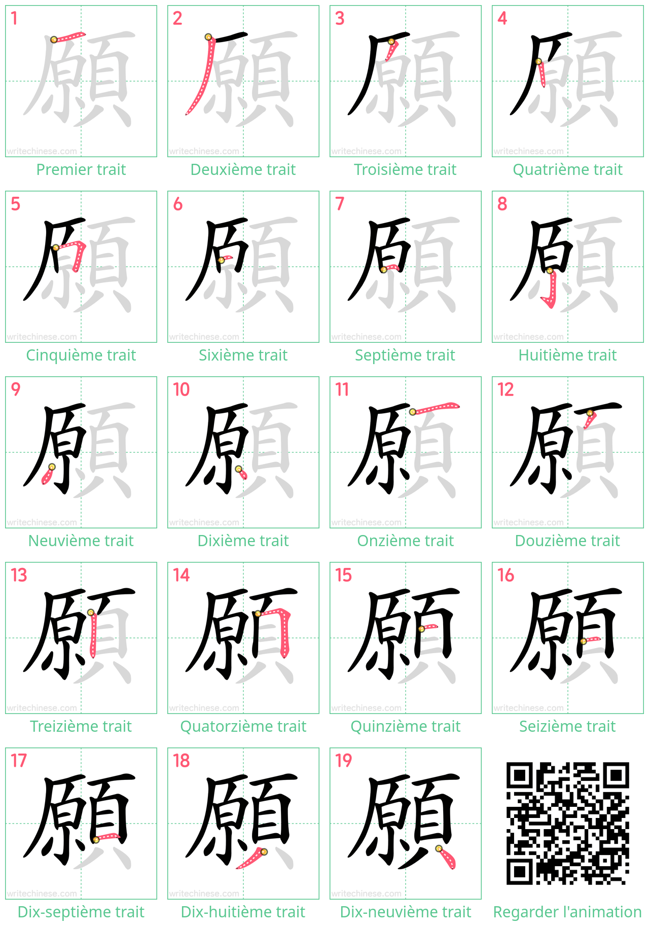 Diagrammes d'ordre des traits étape par étape pour le caractère 願