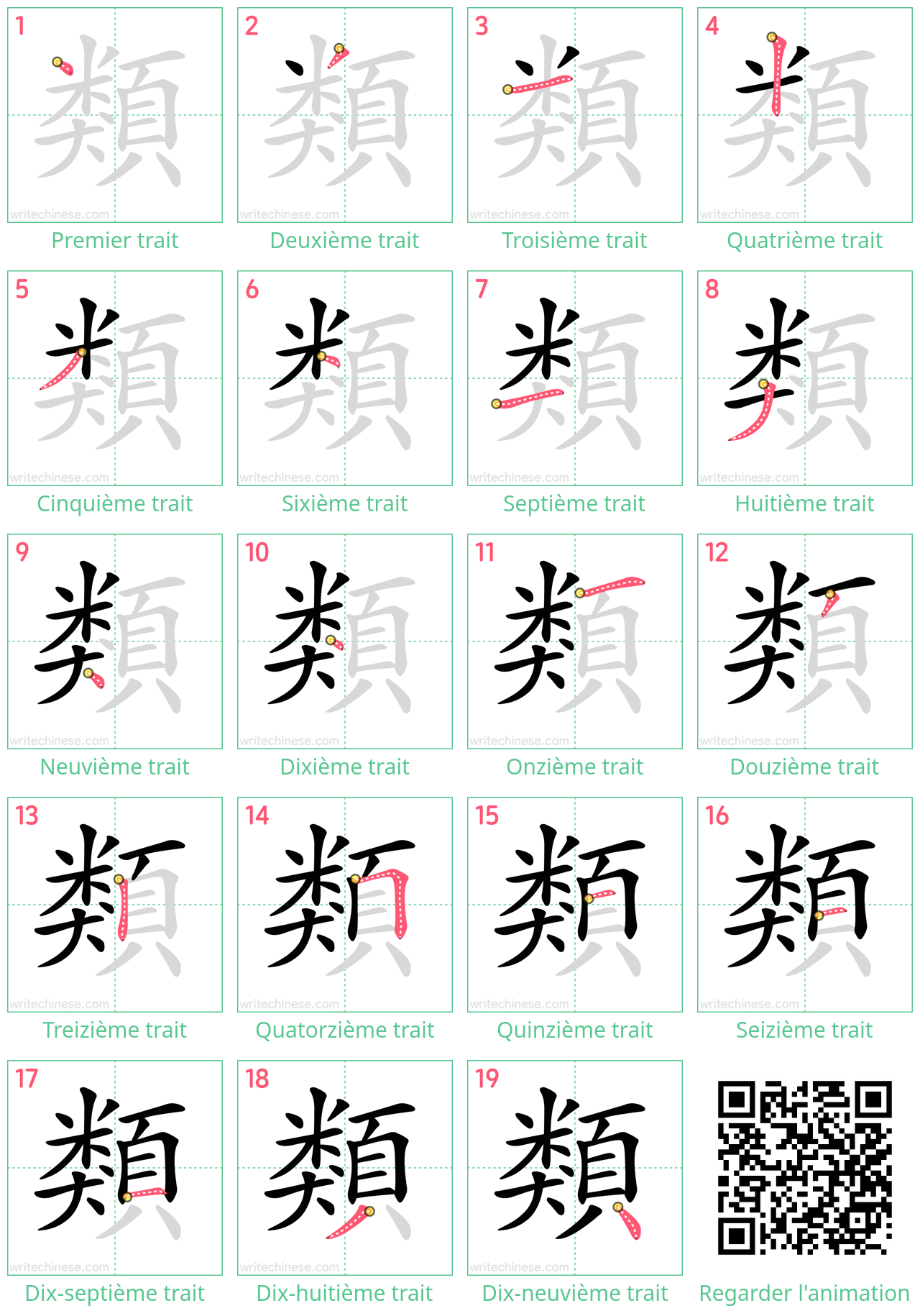 Diagrammes d'ordre des traits étape par étape pour le caractère 類