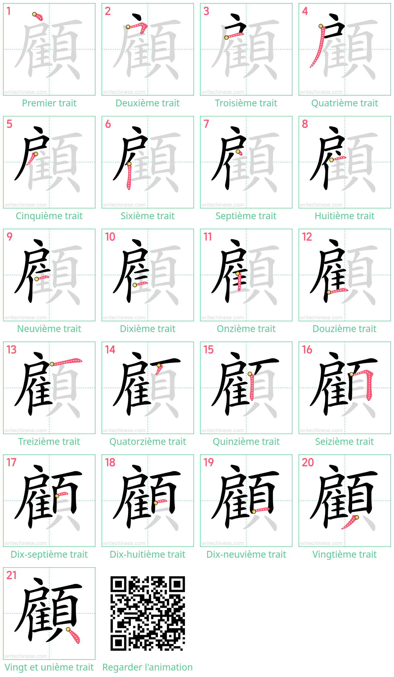 Diagrammes d'ordre des traits étape par étape pour le caractère 顧