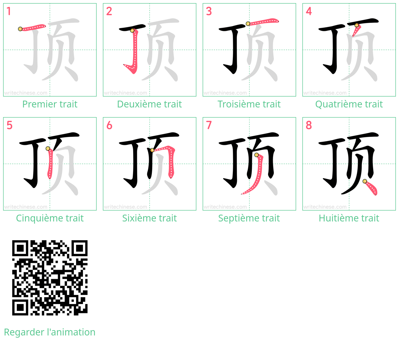 Diagrammes d'ordre des traits étape par étape pour le caractère 顶