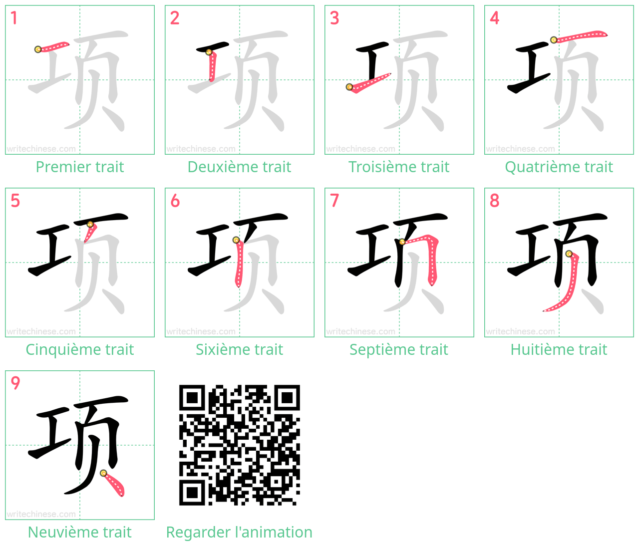 Diagrammes d'ordre des traits étape par étape pour le caractère 项