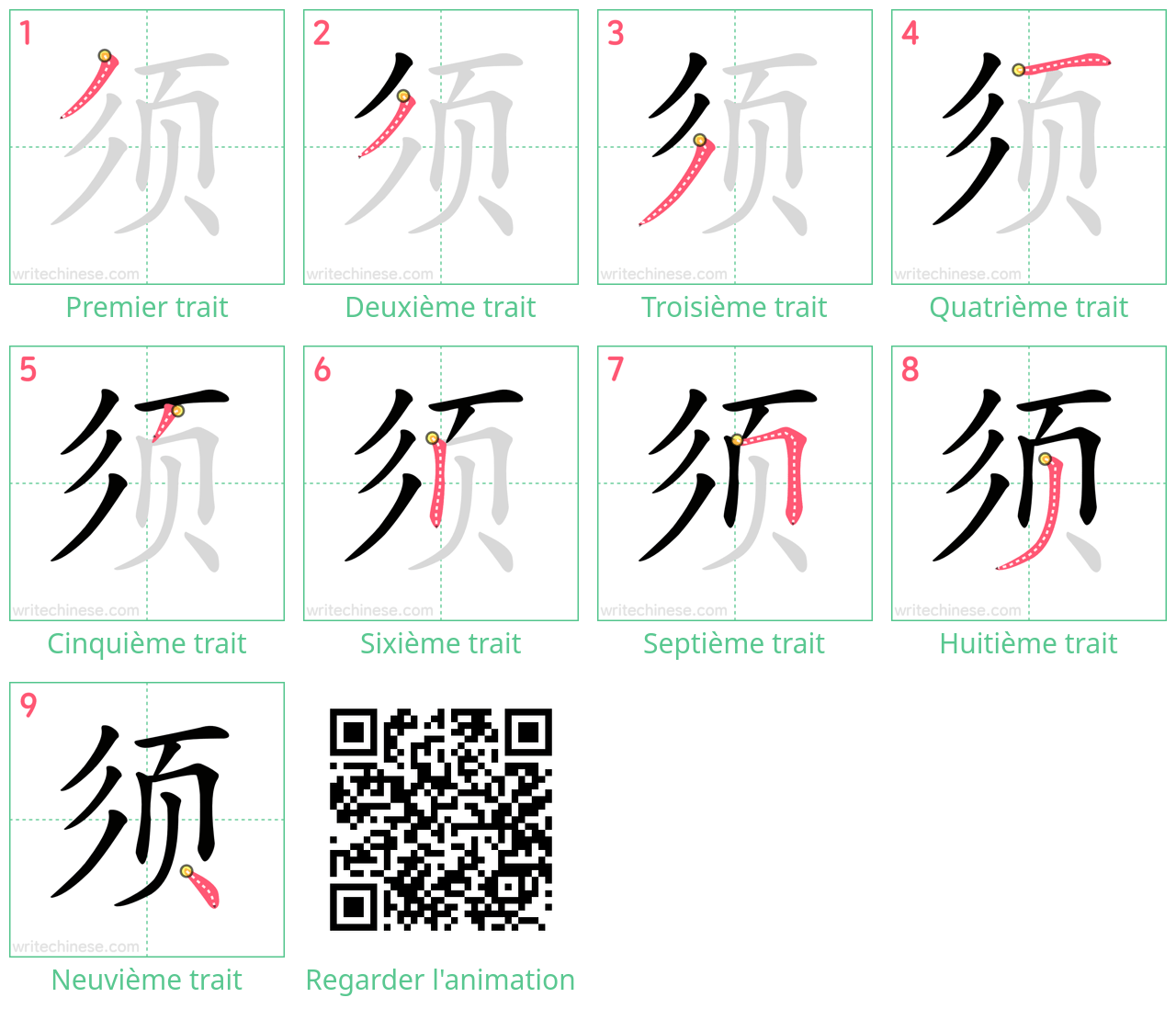 Diagrammes d'ordre des traits étape par étape pour le caractère 须