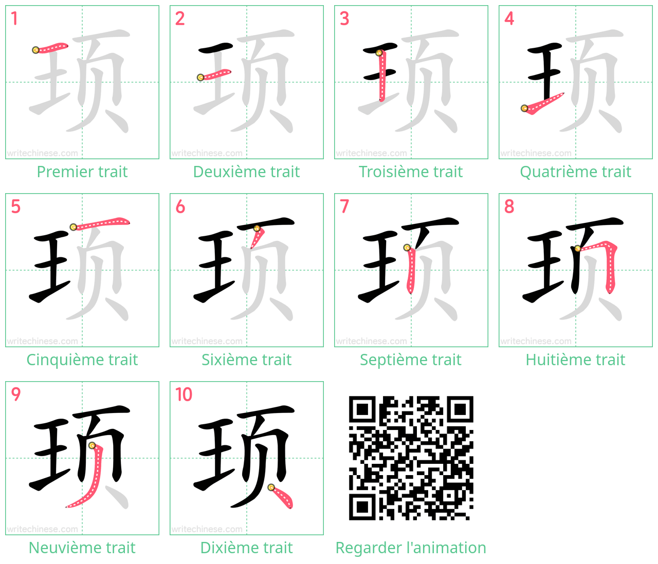 Diagrammes d'ordre des traits étape par étape pour le caractère 顼