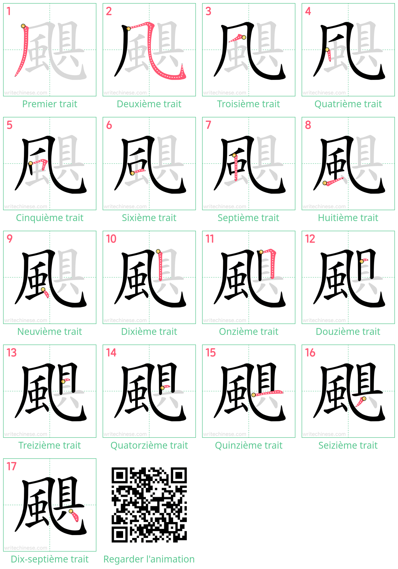 Diagrammes d'ordre des traits étape par étape pour le caractère 颶