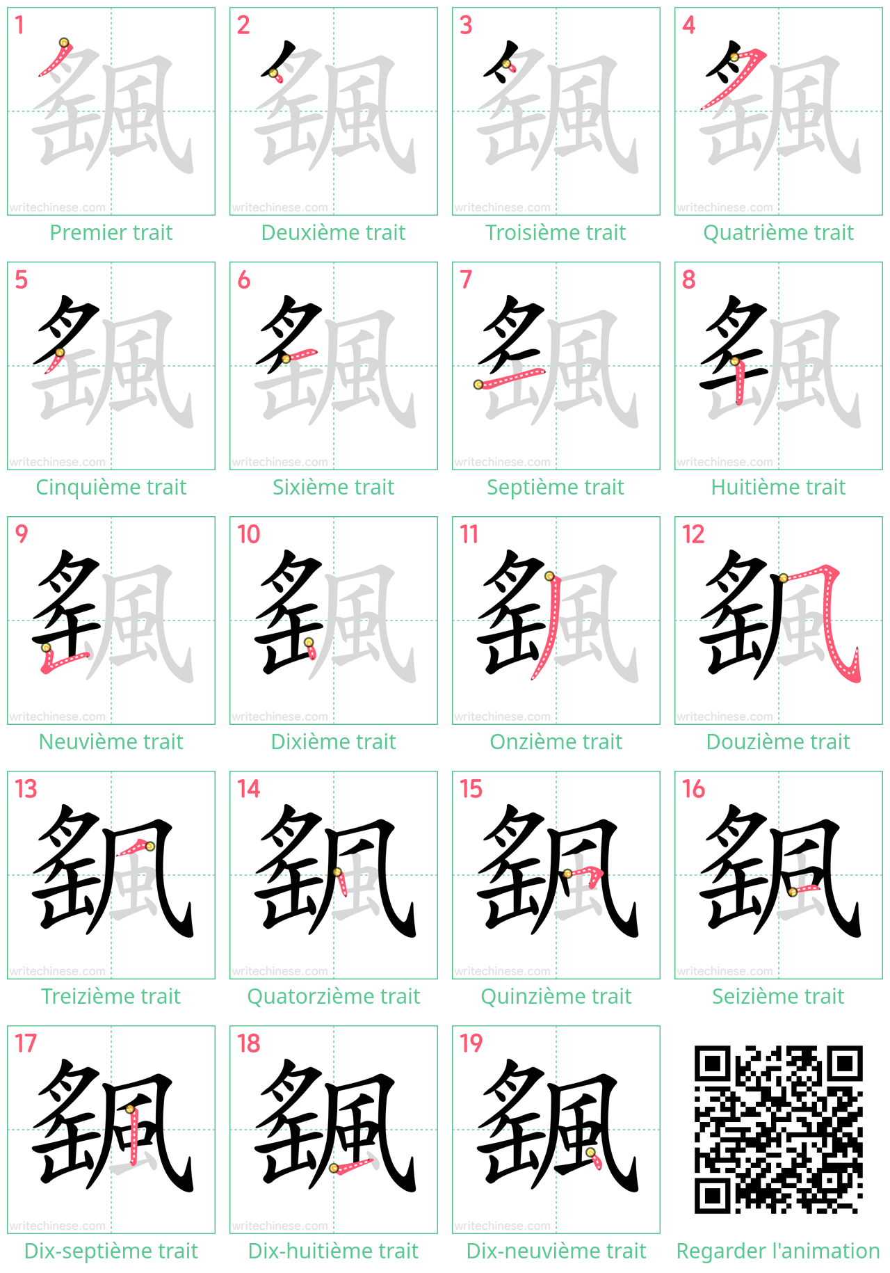 Diagrammes d'ordre des traits étape par étape pour le caractère 颻