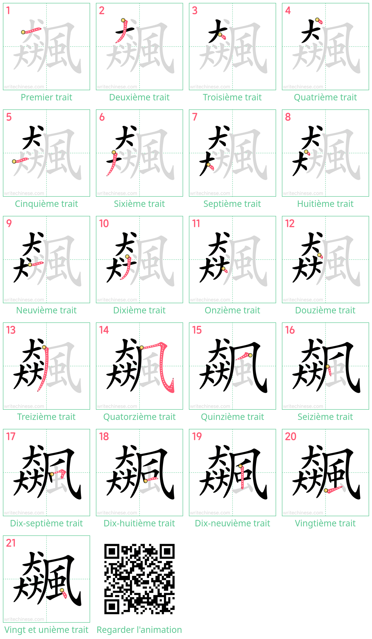 Diagrammes d'ordre des traits étape par étape pour le caractère 飆