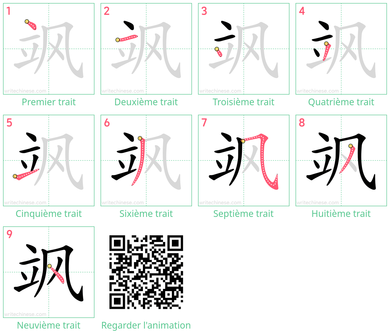 Diagrammes d'ordre des traits étape par étape pour le caractère 飒