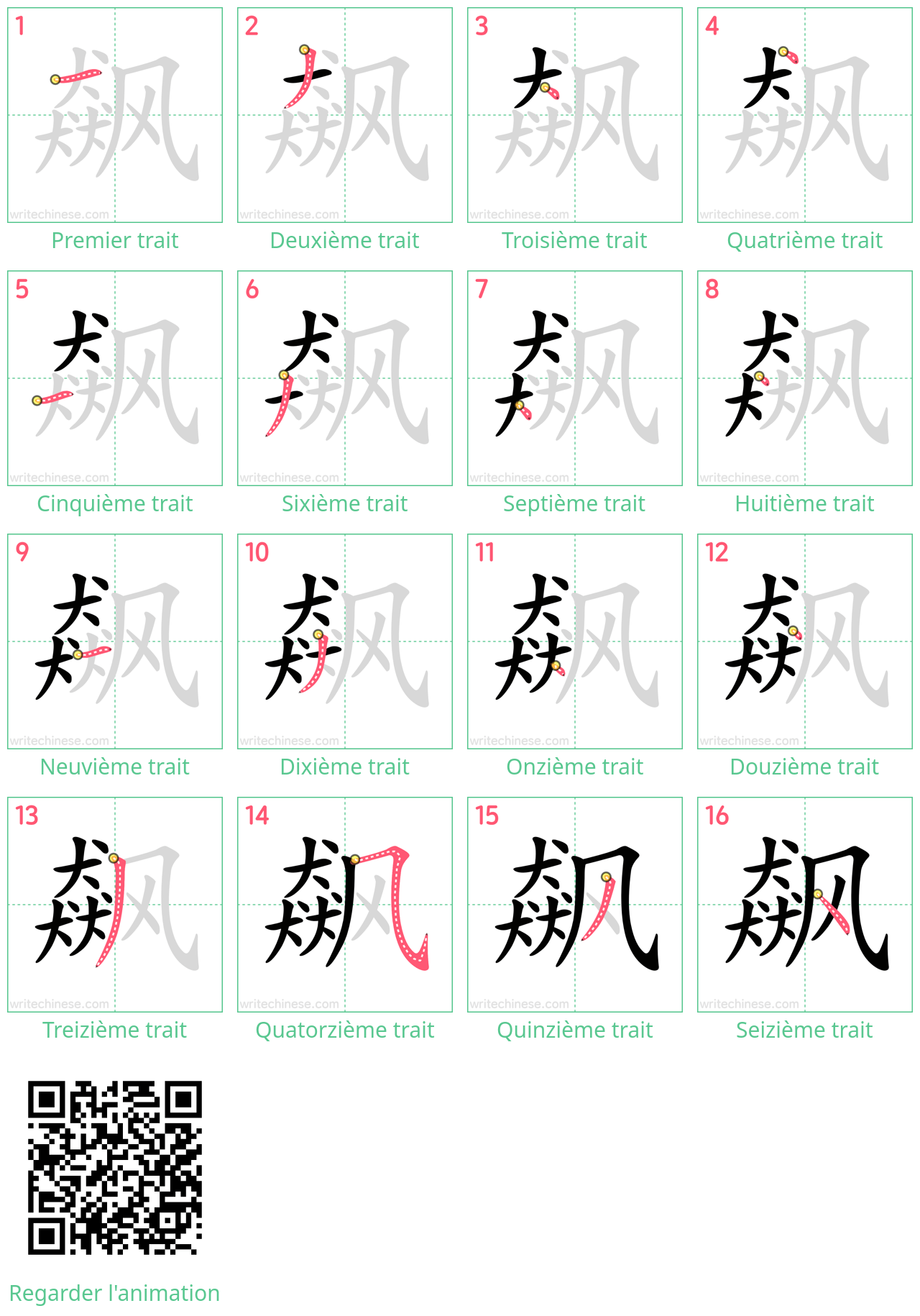 Diagrammes d'ordre des traits étape par étape pour le caractère 飙