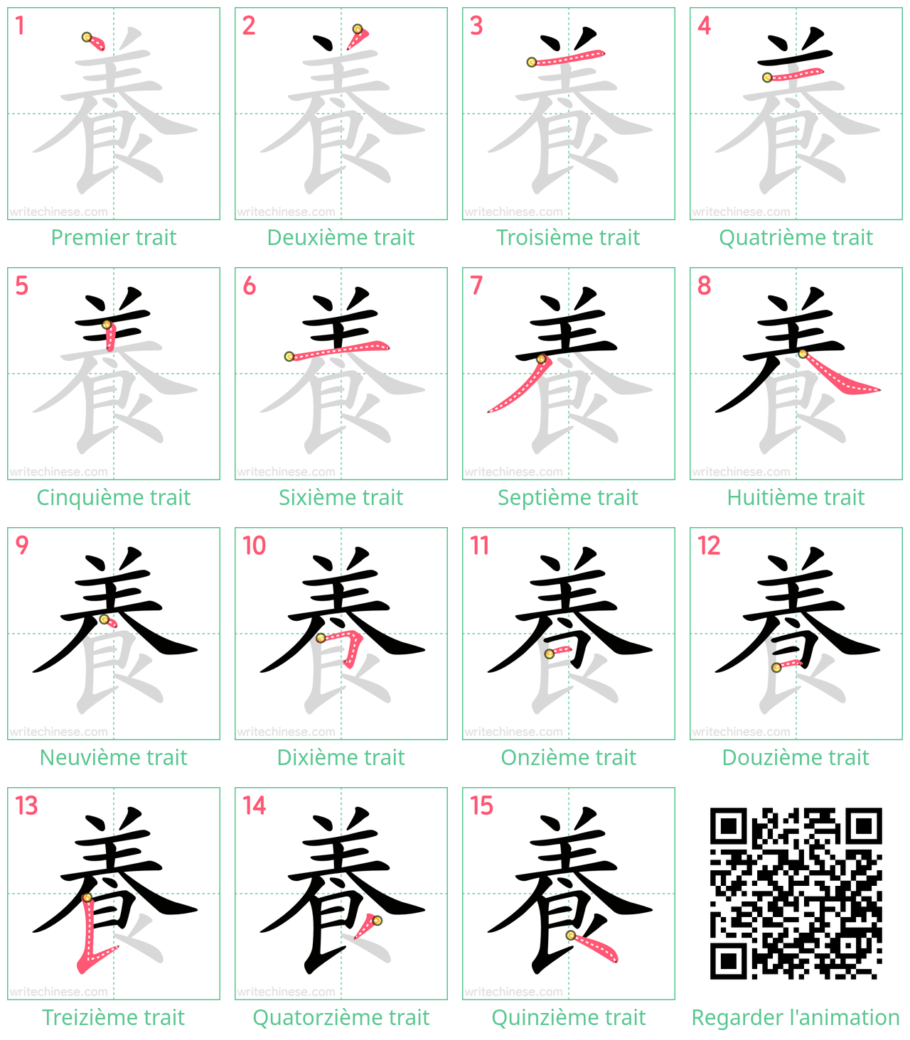 Diagrammes d'ordre des traits étape par étape pour le caractère 養