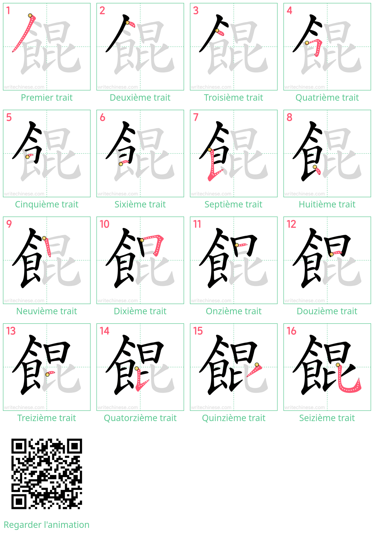 Diagrammes d'ordre des traits étape par étape pour le caractère 餛