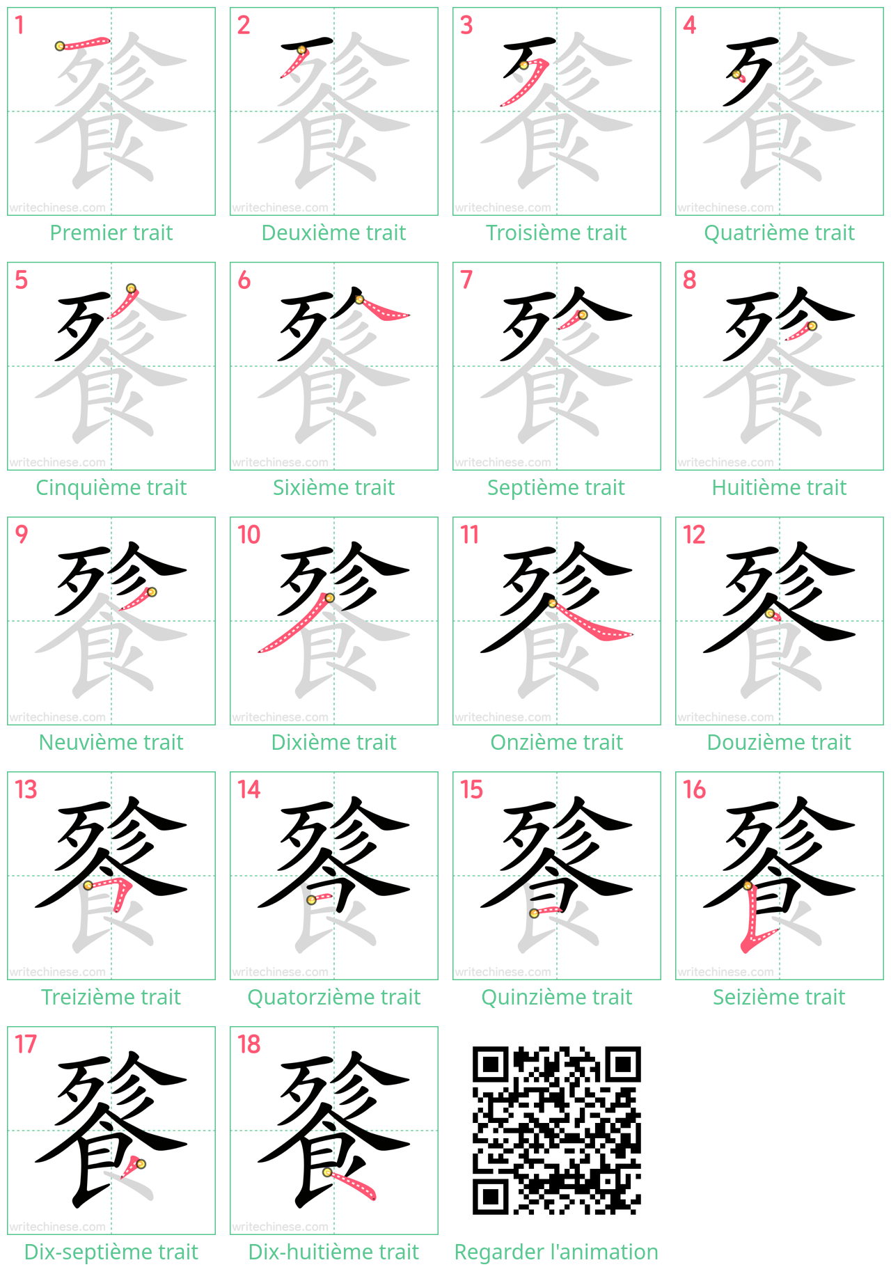 Diagrammes d'ordre des traits étape par étape pour le caractère 餮