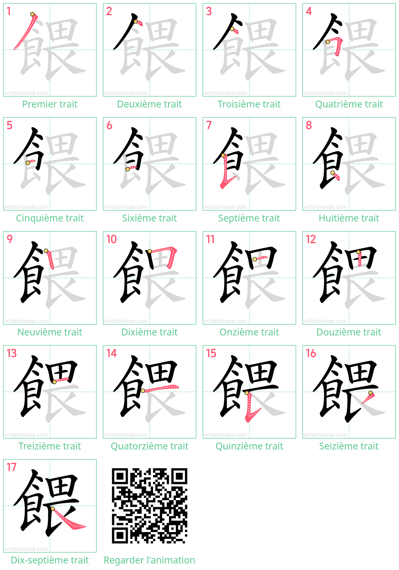 Diagrammes d'ordre des traits étape par étape pour le caractère 餵