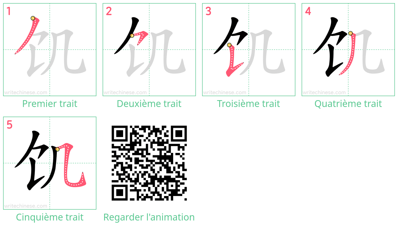 Diagrammes d'ordre des traits étape par étape pour le caractère 饥