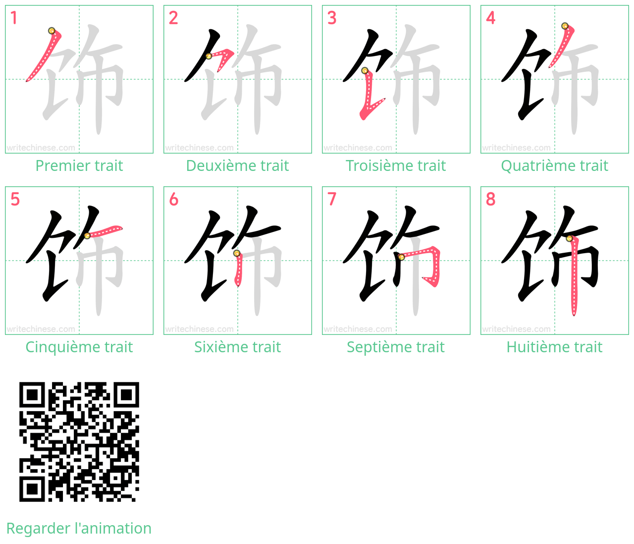 Diagrammes d'ordre des traits étape par étape pour le caractère 饰