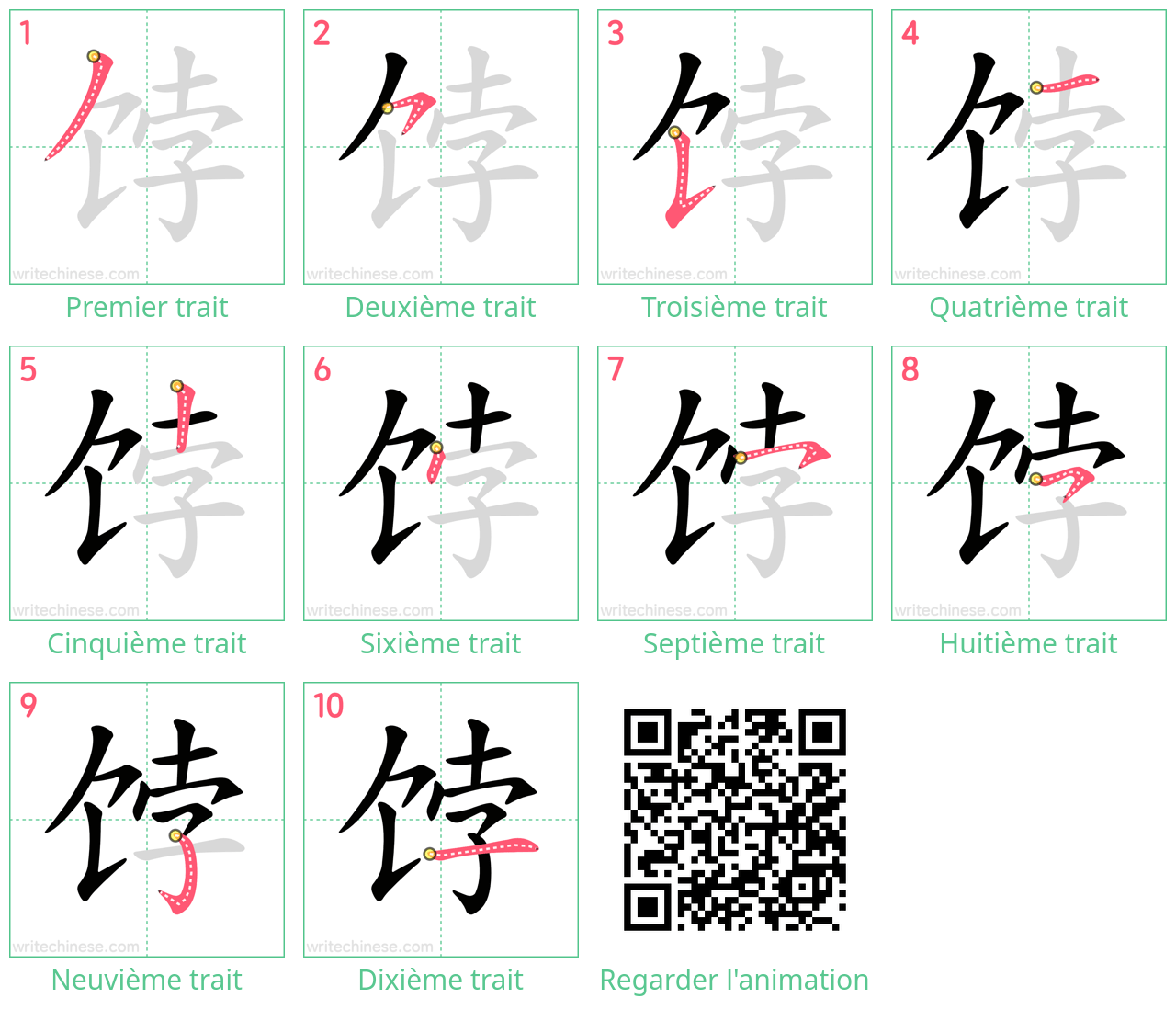 Diagrammes d'ordre des traits étape par étape pour le caractère 饽